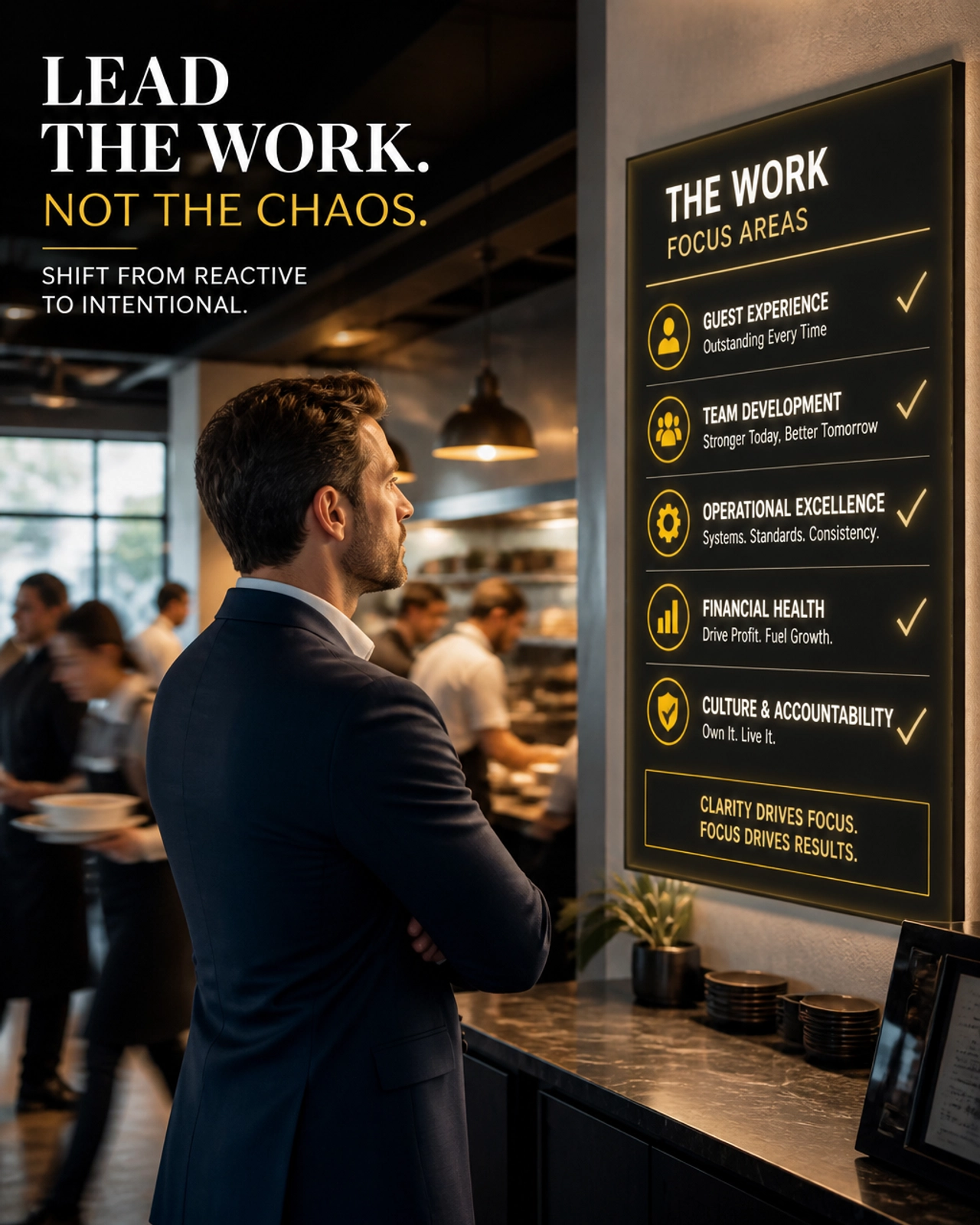A business operator stepping back from the chaos of a team working to focus on a clear, strategic dashboard.