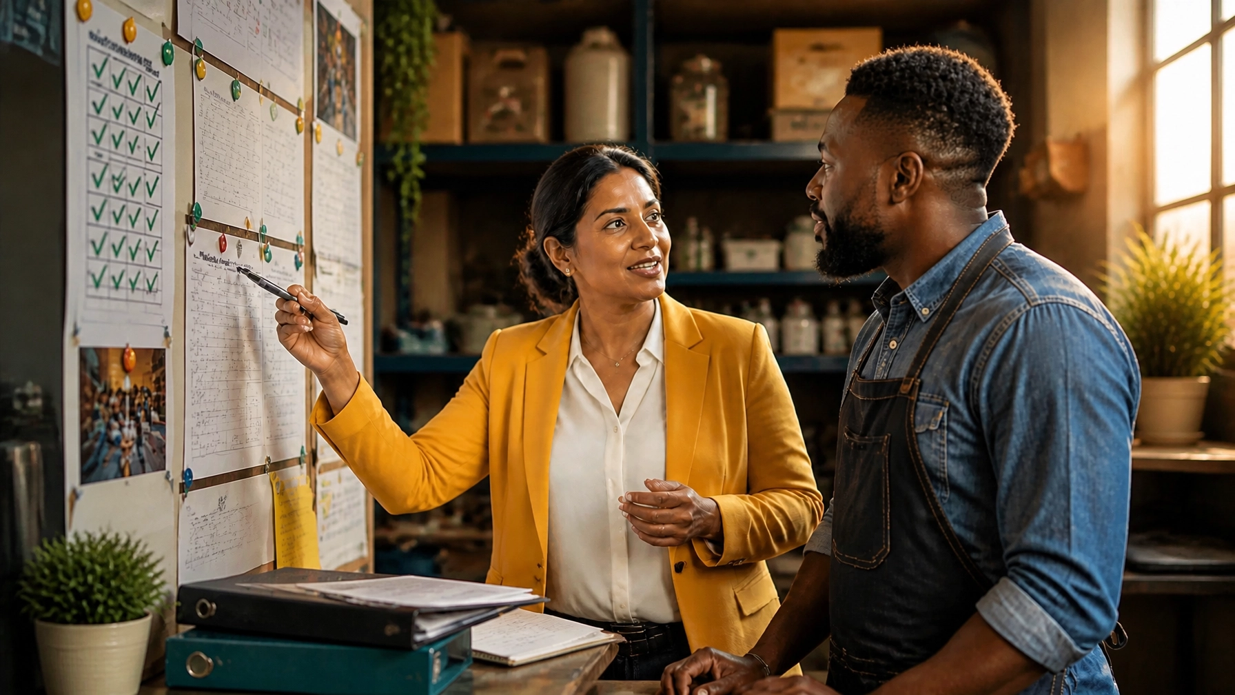 A business advisor coaching an owner beside visible systems and training tools in a polished, modern editorial scene