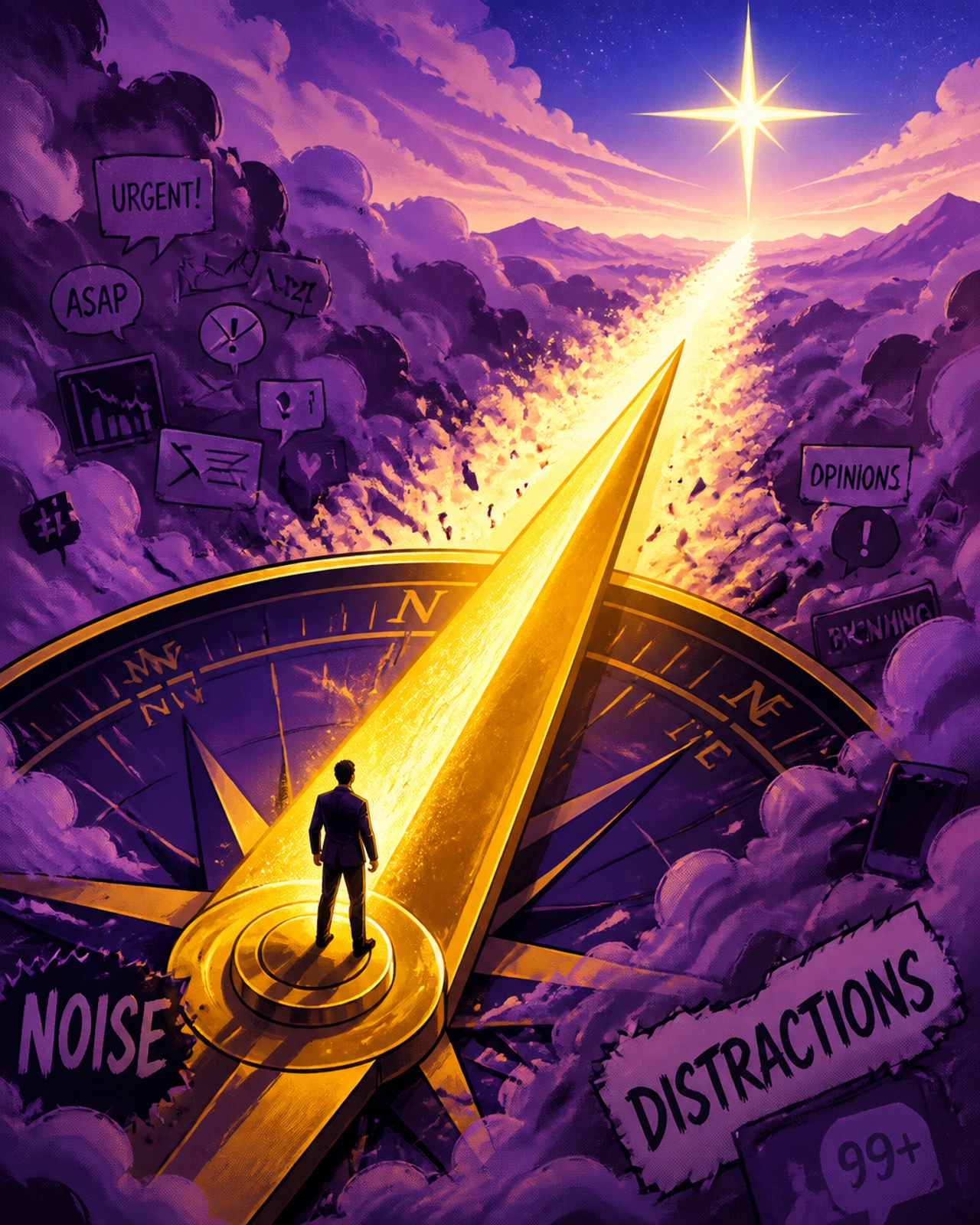 A surrealist editorial illustration representing 'Priority' with a giant, glowing golden compass needle cutting through purple fog, pointing toward a bright star.