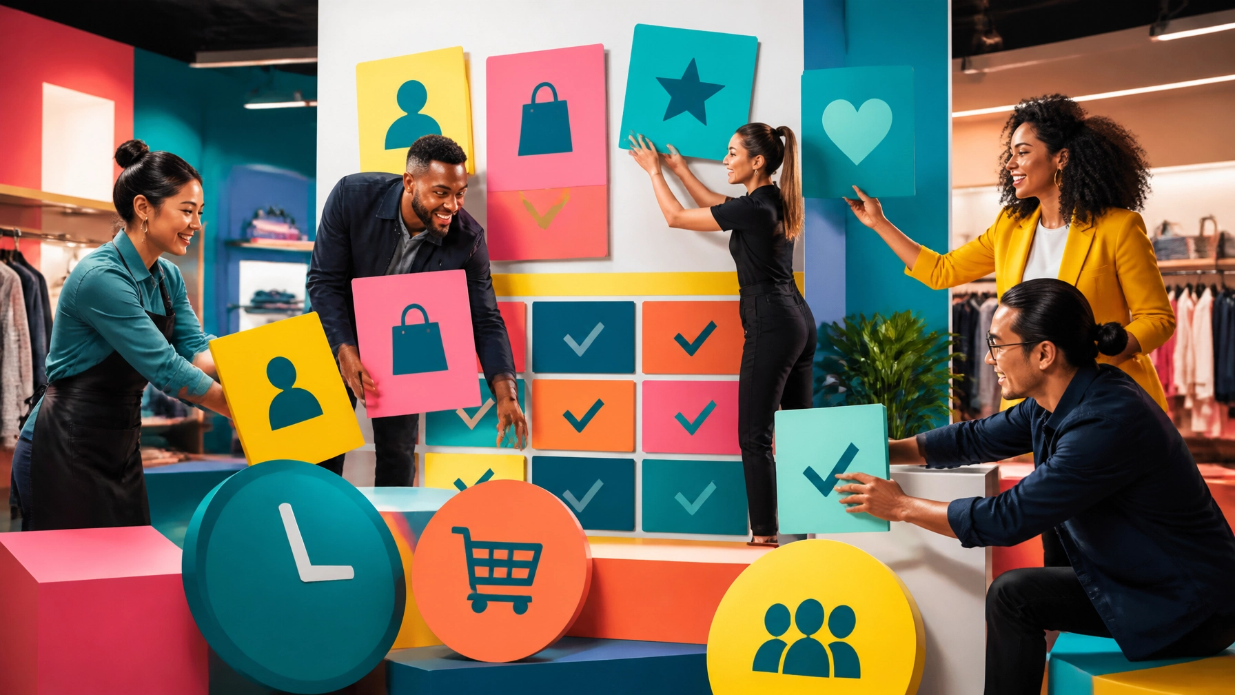 A high-end energetic magazine-style image showing a diverse team arranging bold, colorful workflow elements into clear roles, standards, and expectations