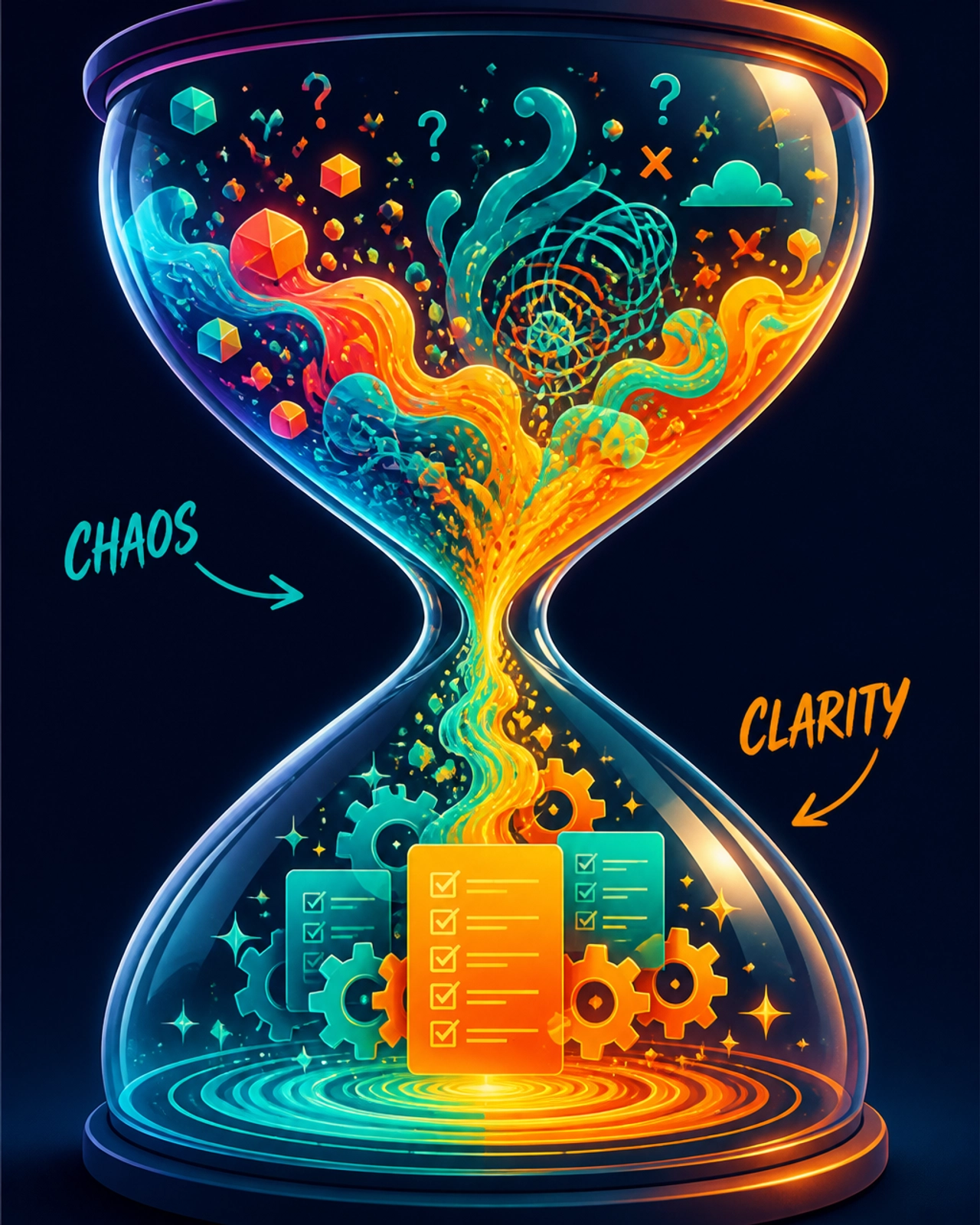A surreal metaphor for a bottleneck: a vibrant hourglass turning chaos into organized systems.