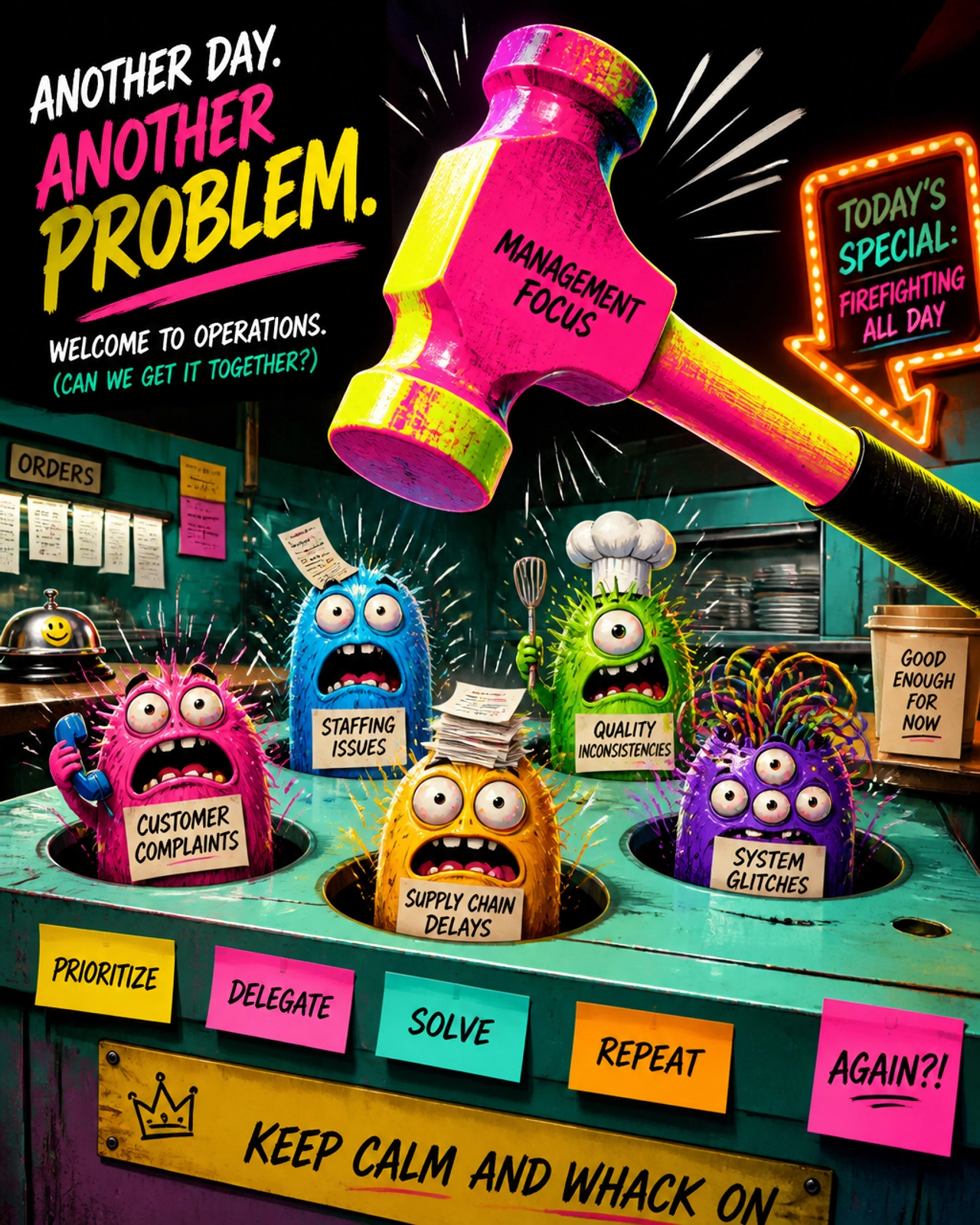 A neon hammer hovering over colorful 'problem' characters popping out of a counter, representing the whack-a-mole nature of reactive management