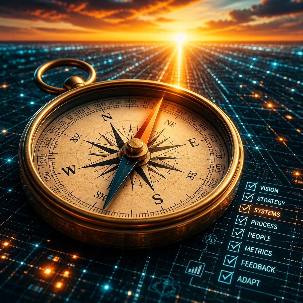Surrealist compass pointing toward a horizon of data and systems