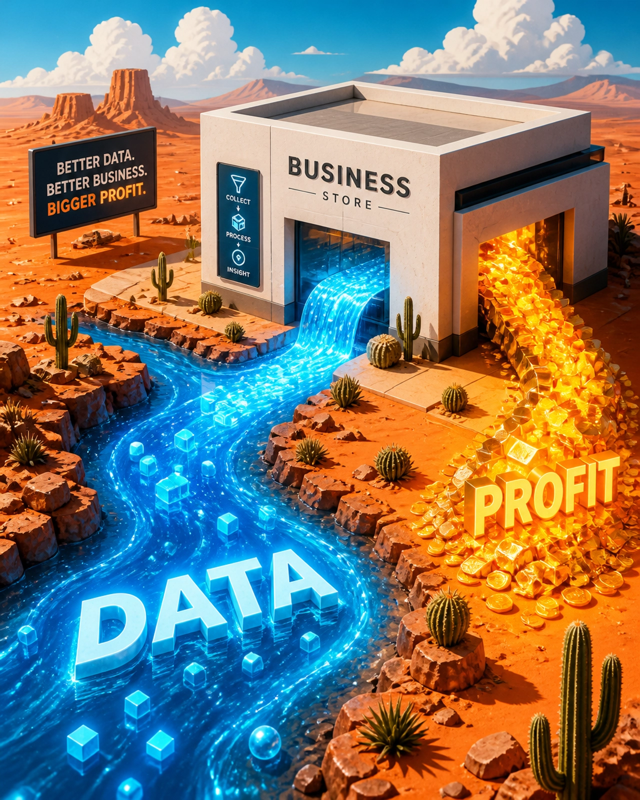 A surrealist metaphor of a data stream flowing into a modern building in a desert oasis
