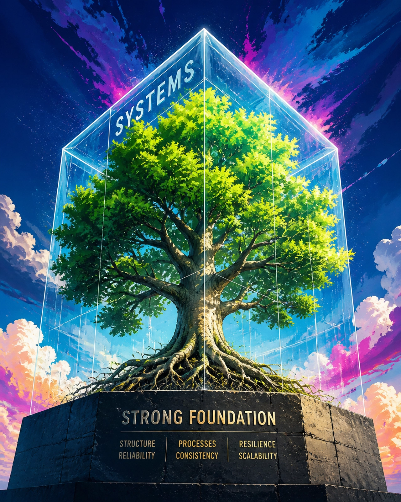 A vibrant tree growing inside a transparent geometric structure, representing stability and structure supporting growth