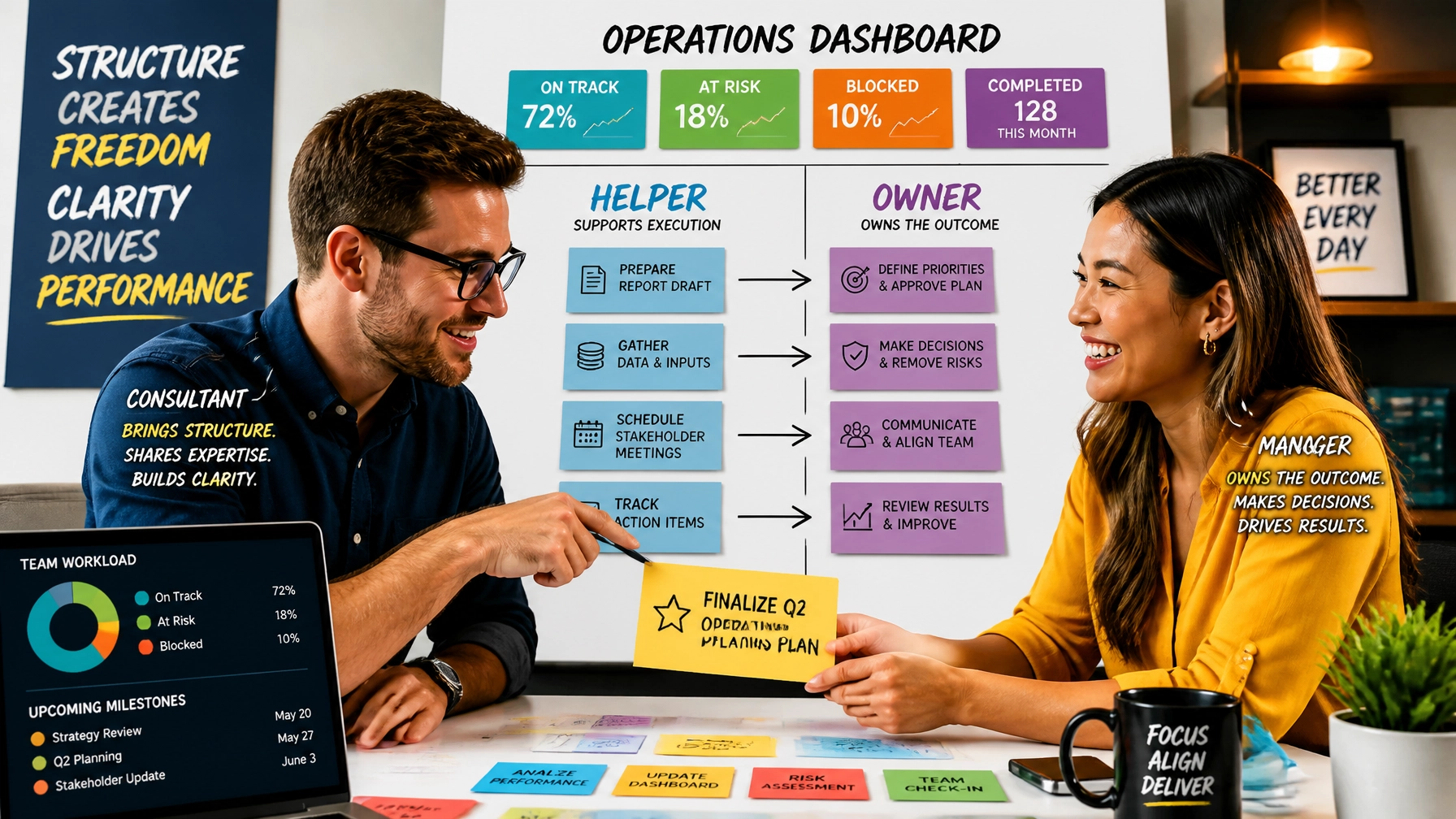 Consultant and manager collaborating over operational task cards