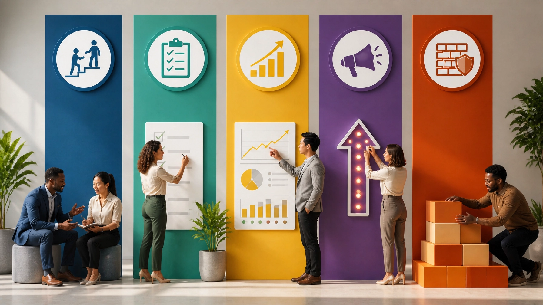 A polished editorial visual representing the five pillars of operational clarity through people, process, profit, promotion, and priority