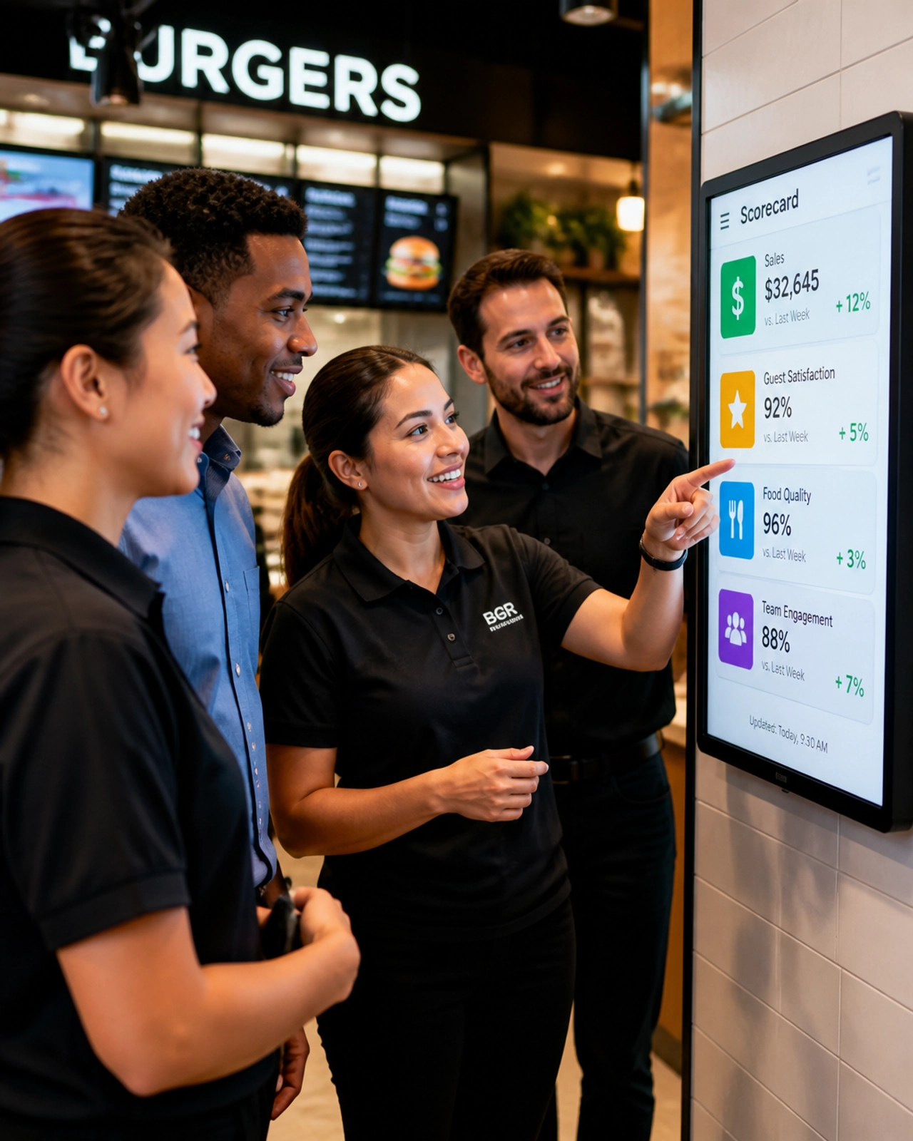 A high-energy photo of a diverse management team reviewing a simple, colorful digital dashboard.