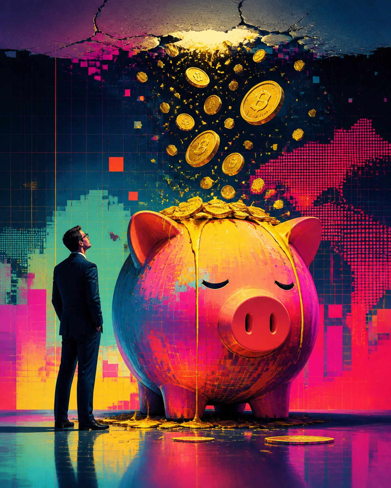A surrealist editorial illustration of a financial ceiling with a colorful piggy bank at capacity.
