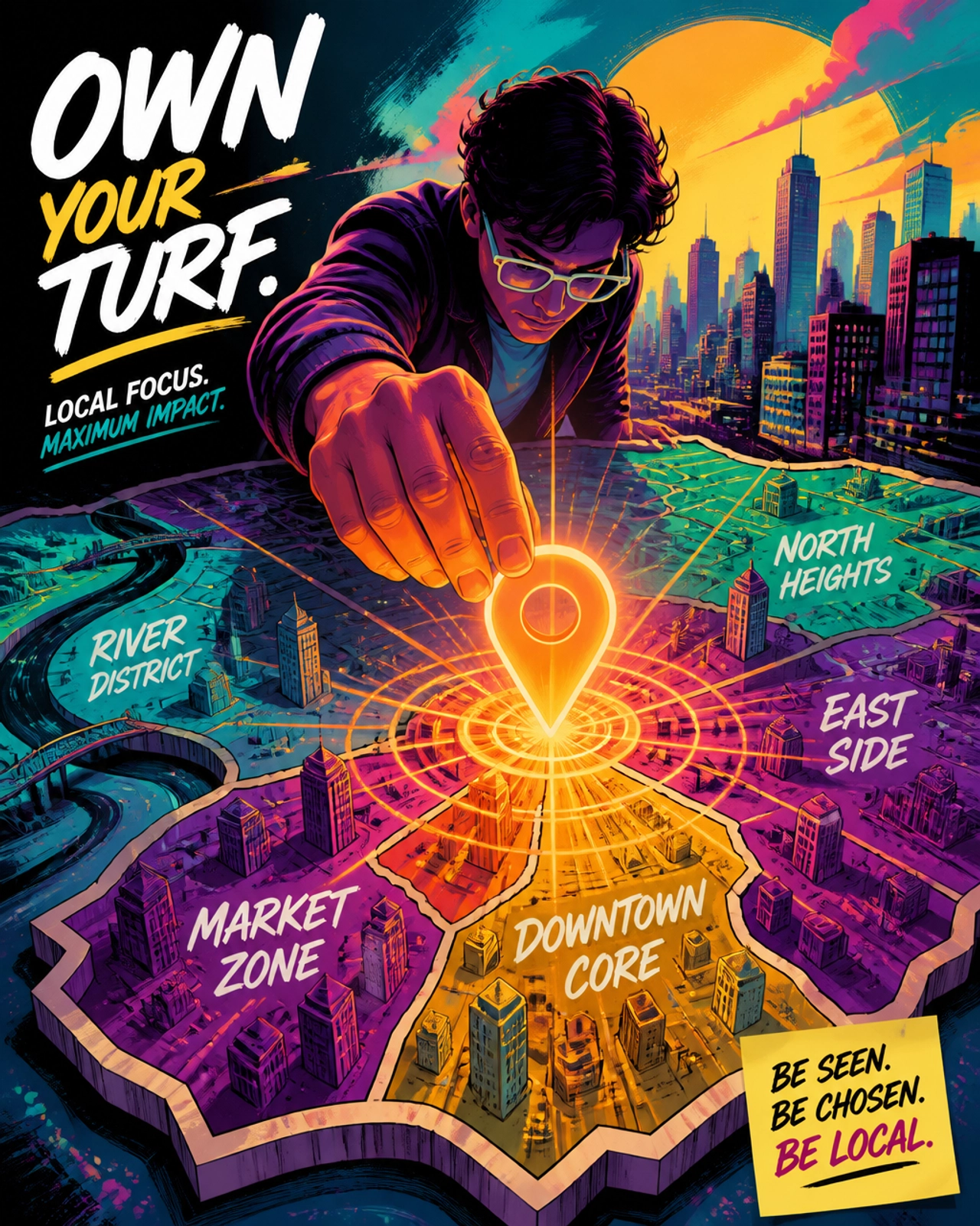 Hand pinning a glowing neon pin onto a vibrant city map