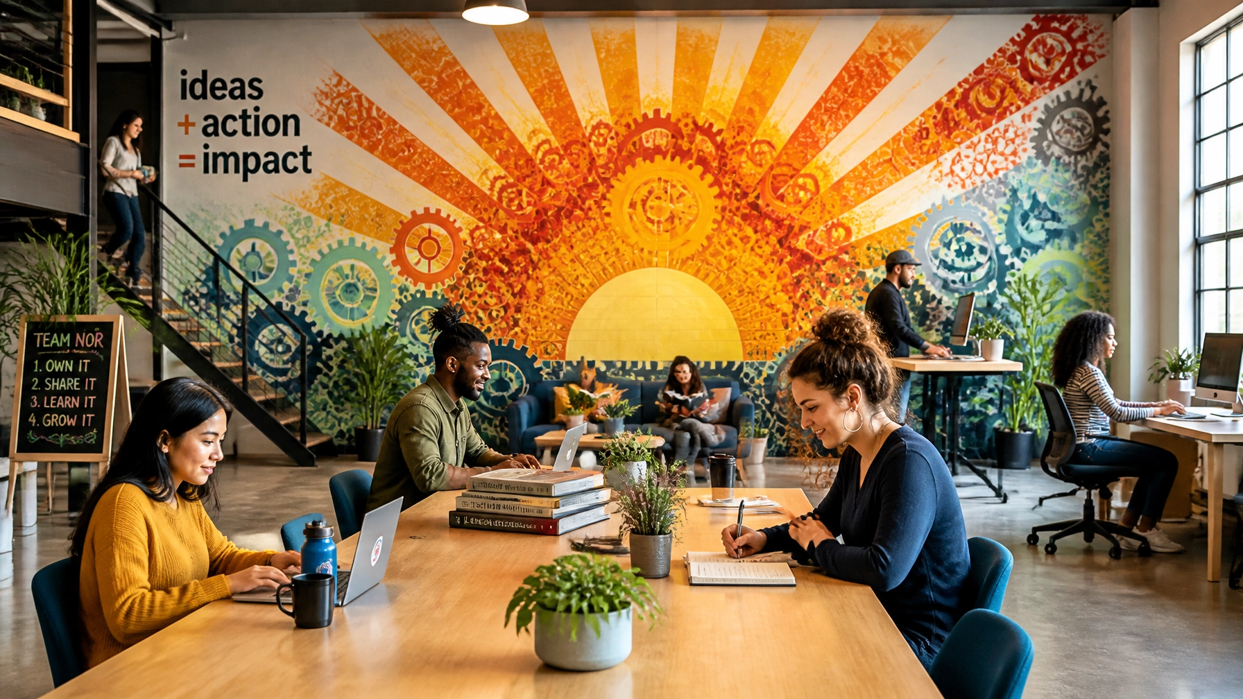 Vibrant workspace showing a diverse team working in sync