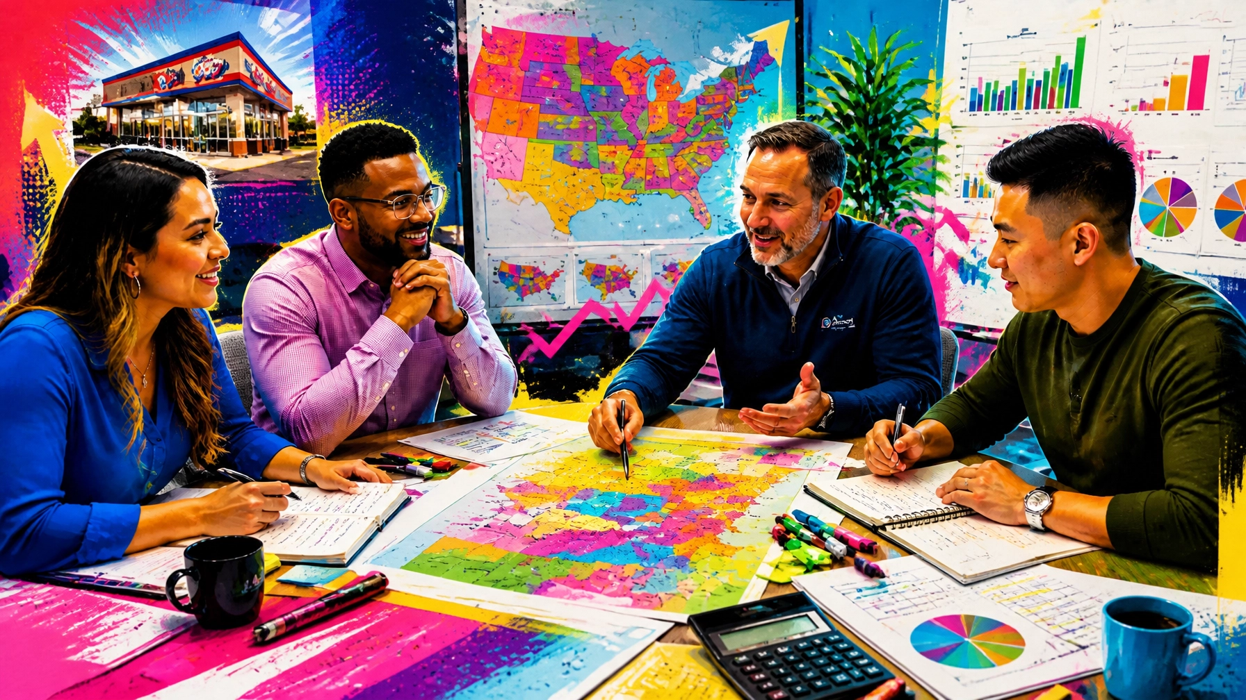 Diverse aspiring owners and an advisor reviewing territory maps and financial plans in a bold, playful editorial composition with vibrant color blocking and energetic magazine-style art direction.