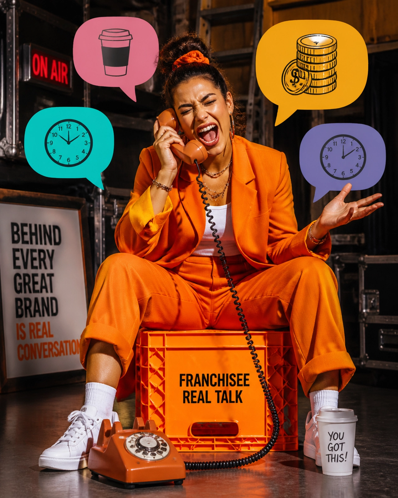 A high-energy editorial photo of a person engaged in a deep phone conversation, representing the honesty found in franchisee validation calls.