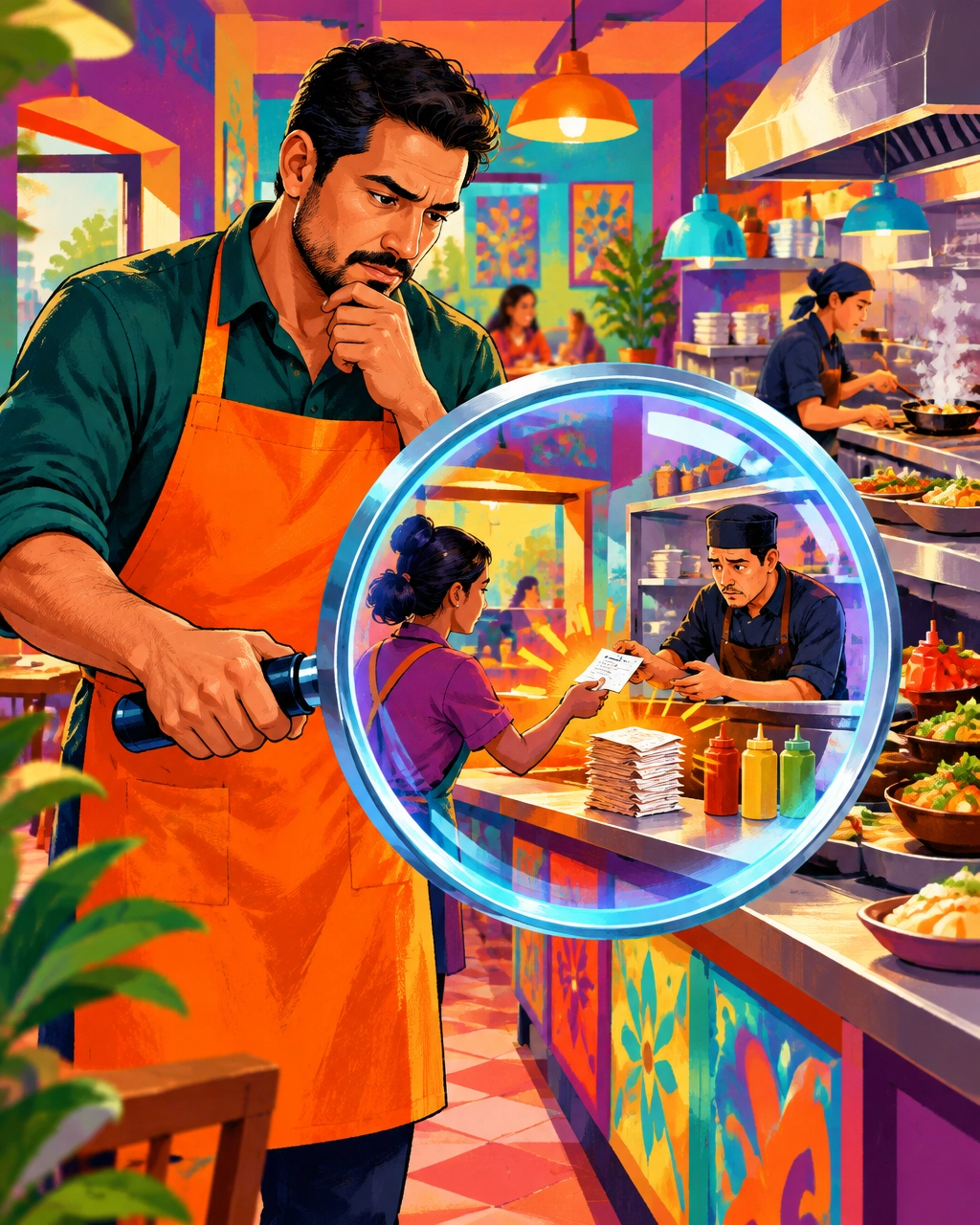 A restaurant owner uses a magnifying glass to identify one hidden operational bottleneck