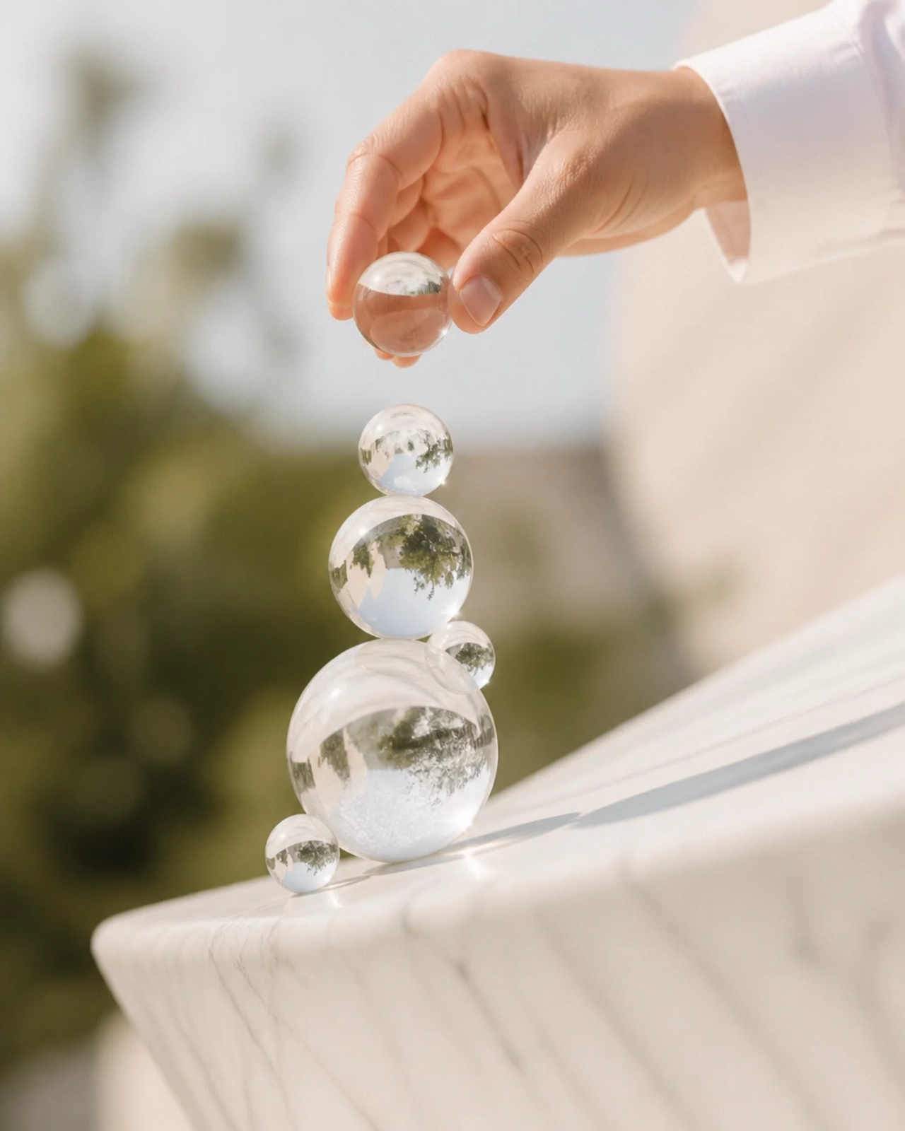 A hand elegantly balancing glass spheres on a white surface, symbolizing the delicate balance of founder responsibilities.