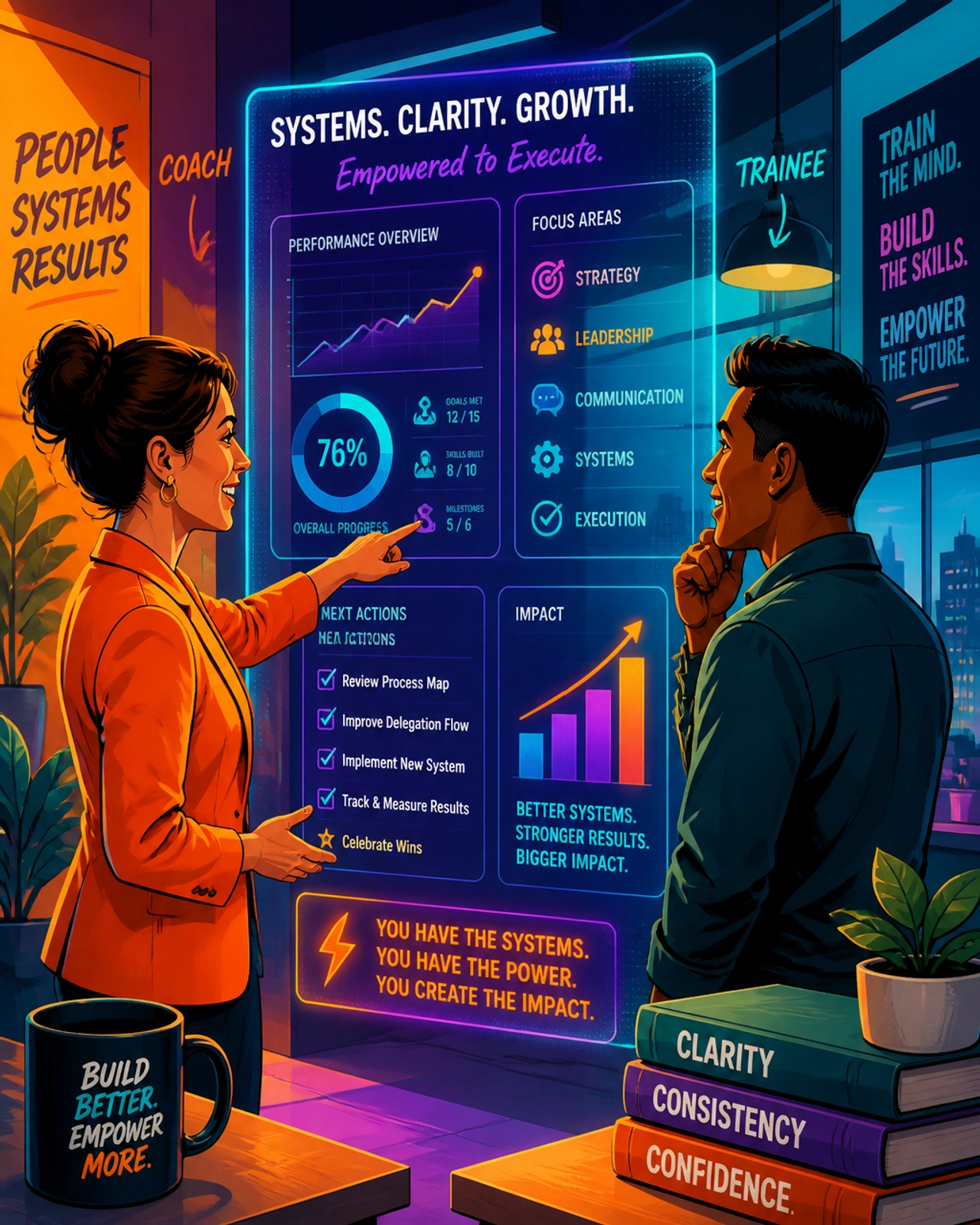 A coach and trainee working with a vibrant, neon holographic dashboard.