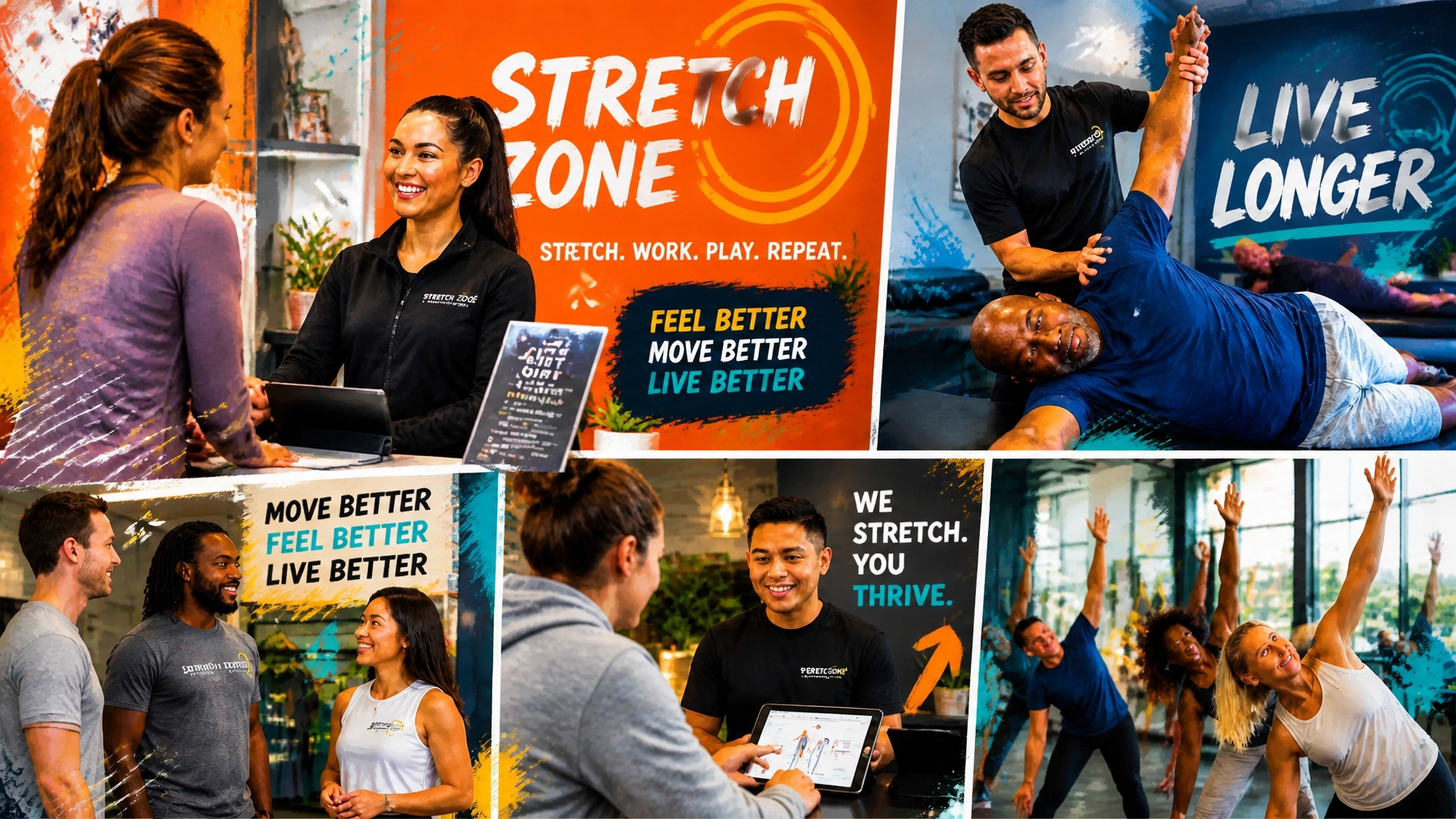 A vibrant, upscale editorial image inside a wellness franchise studio with diverse staff and customers in motion, featuring bold color, playful energy, and a polished magazine-style look.