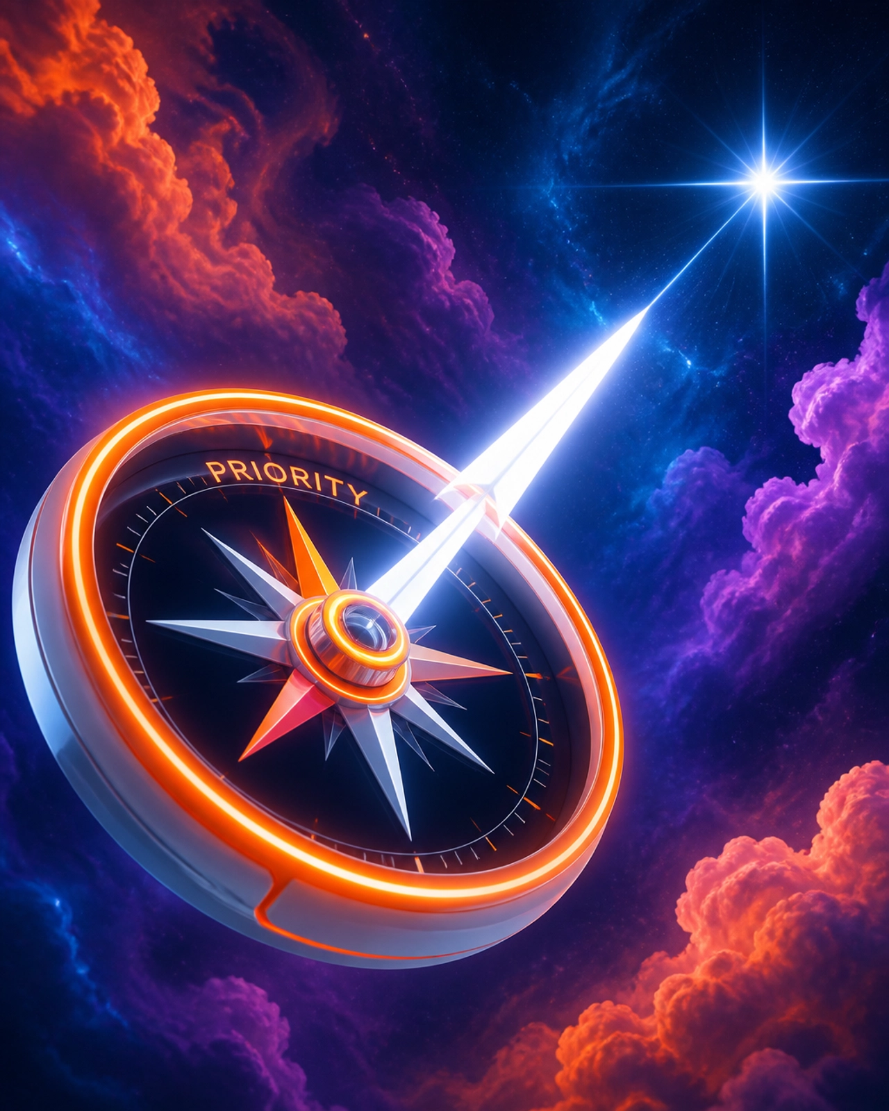 A modern, neon orange compass floating in a space with colorful abstract clouds.
