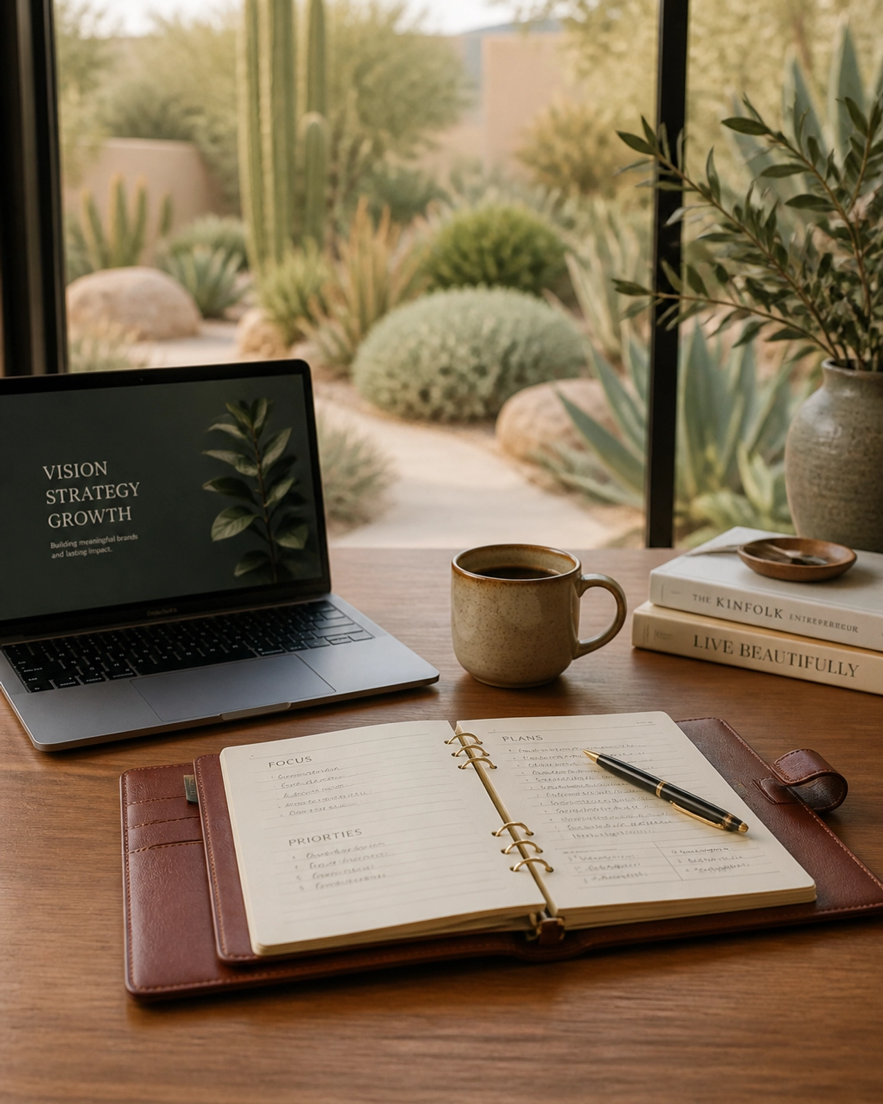A clean, professional workspace with a business planner and coffee, representing the operational clarity needed for business planning.