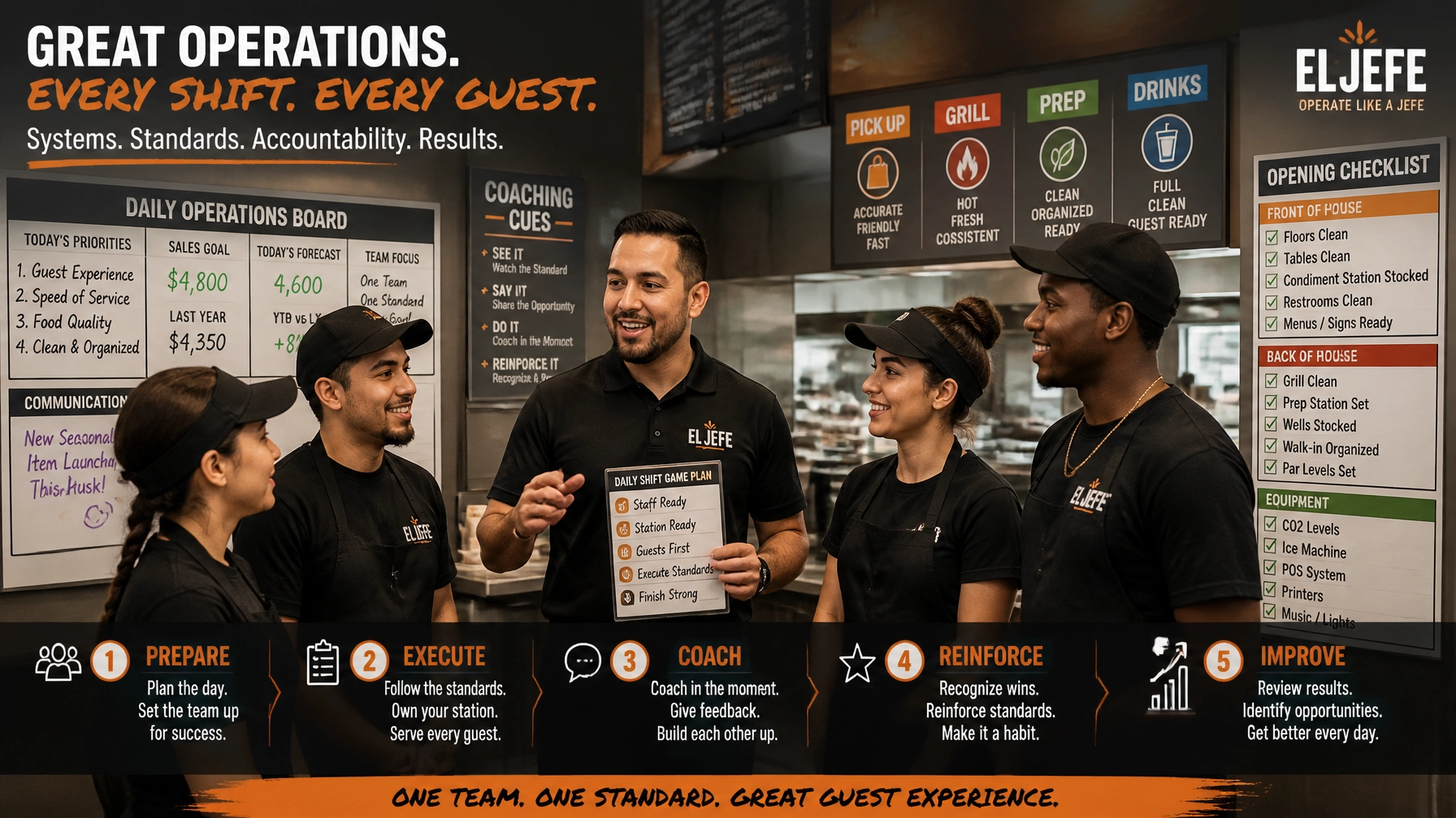 A polished operational scene showing a diverse team using checklists, visual workflows, and organized stations to strengthen consistency.