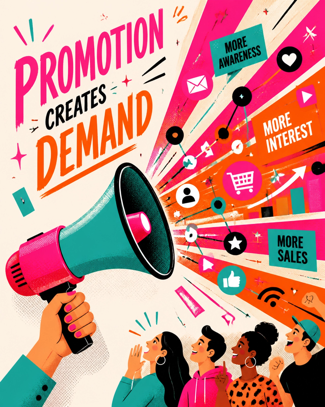 A high-energy, poppy editorial illustration of 'Promotion' showing a stylized megaphone emitting a stream of bright, geometric shapes and signals, representing clear communication and demand.