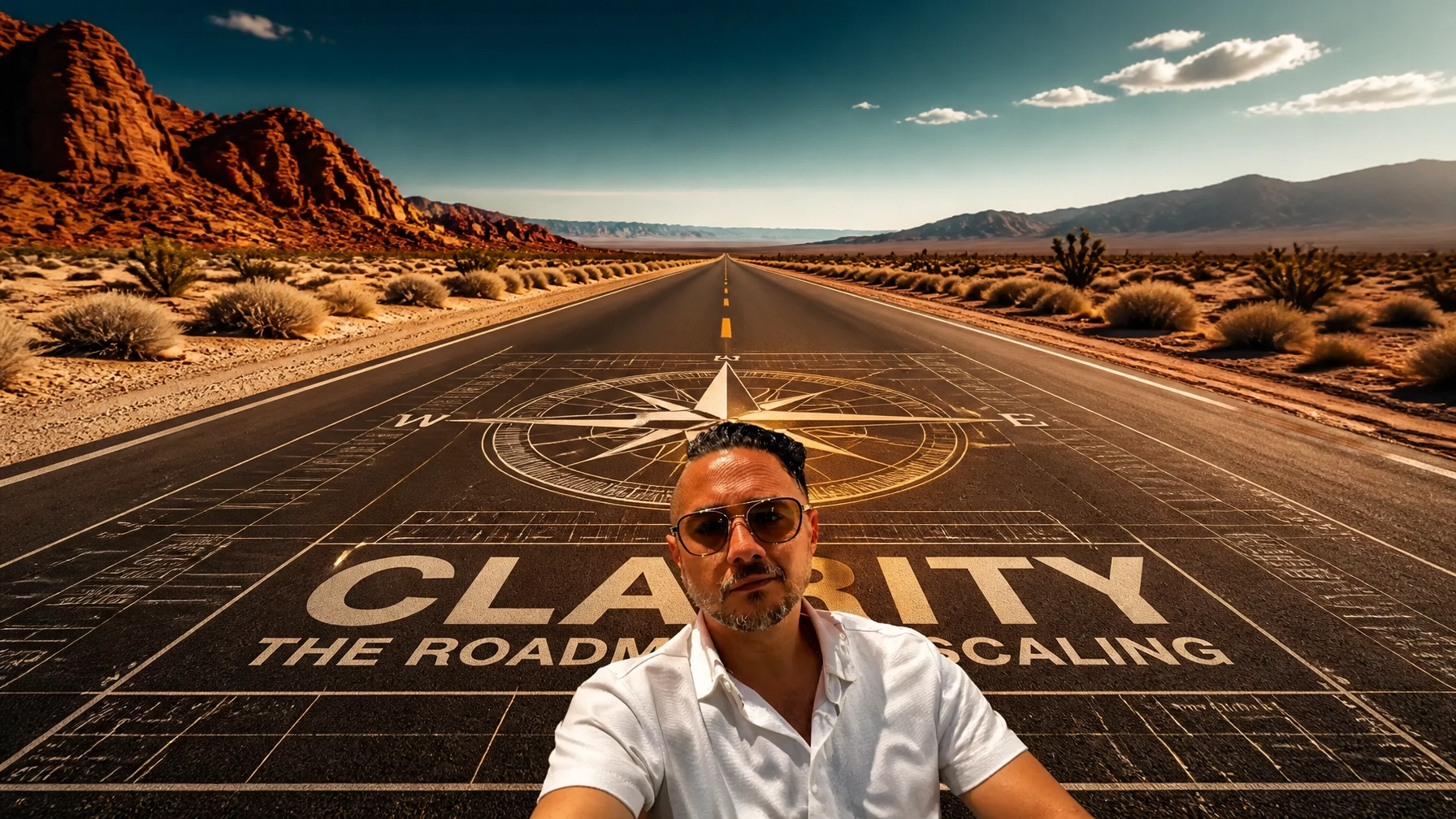 A wide cinematic shot of a desert road stretching toward a clear horizon with a bold graphic overlay of an architectural grid, symbolizing the roadmap to scaling.
