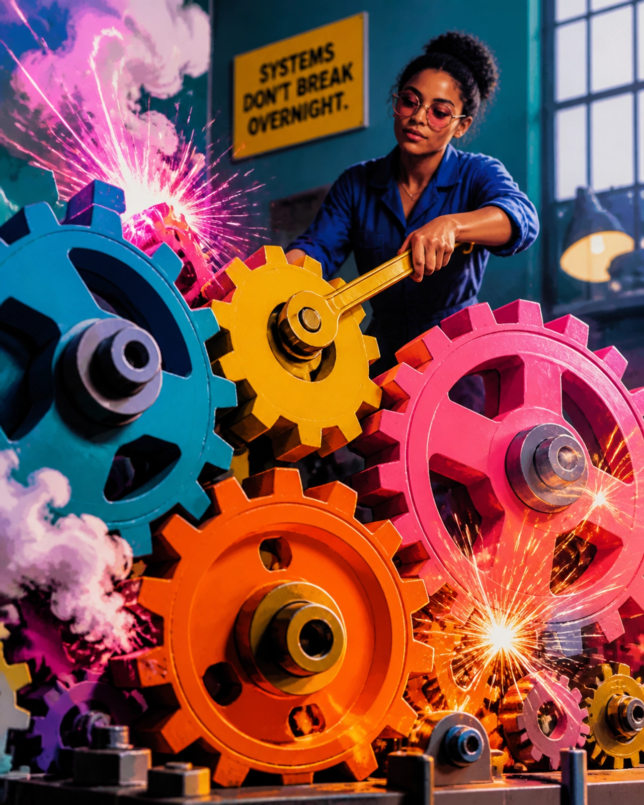 An energetic illustration of colorful interlocking gears sparking under strain as a person adjusts them with a golden wrench.