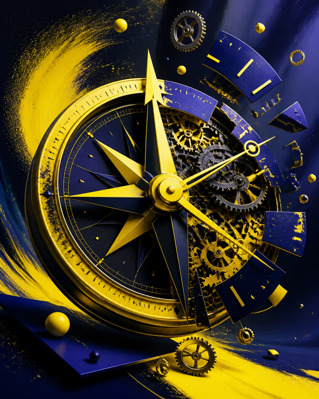 A poppy, surrealist illustration of a stylized compass and clock merging together