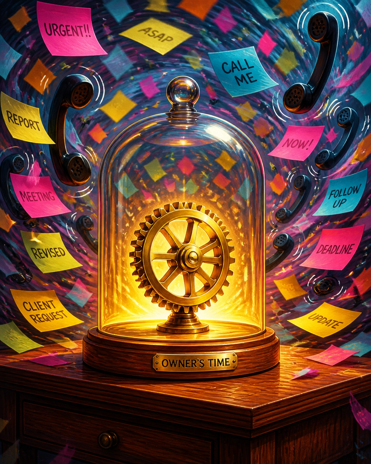 A glass bell jar protecting a golden gear from a storm of colorful notes and icons