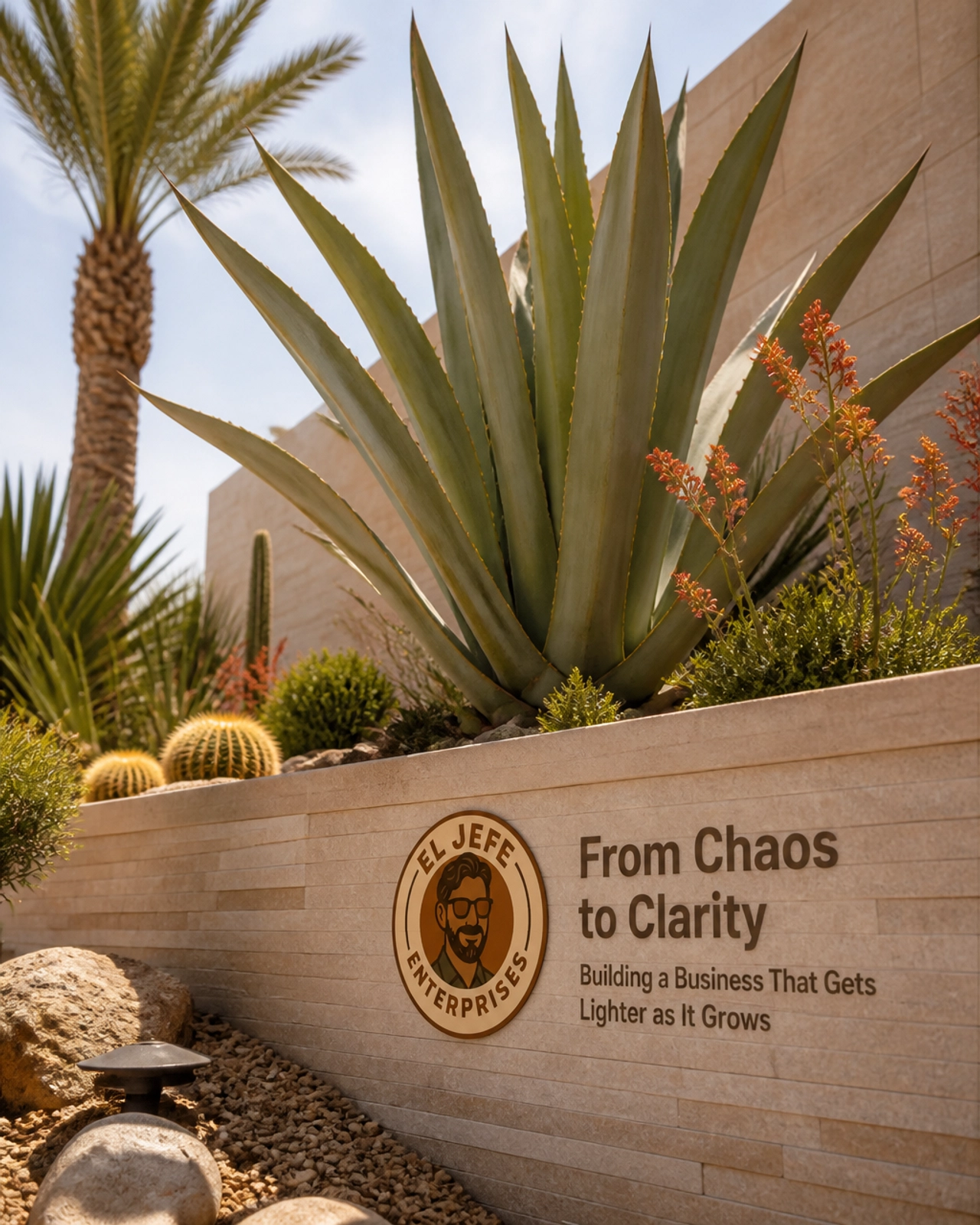 A vibrant editorial photo of desert flora thriving in a structured stone planter, symbolizing leadership growth within a business framework.