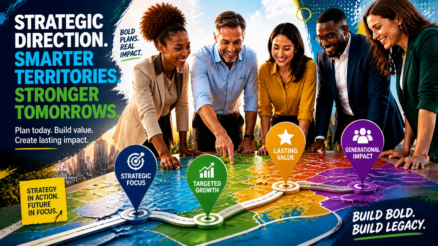A vibrant editorial-style closing image of diverse professionals over a colorful city map and growth roadmap, with bold contrast and premium magazine-art energy.