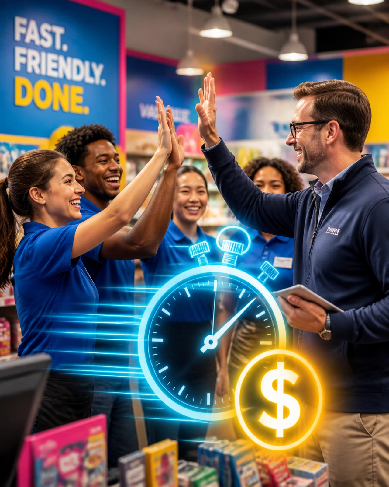 A manager giving a high-five to a team in a bustling retail environment with a glowing stopwatch overlay