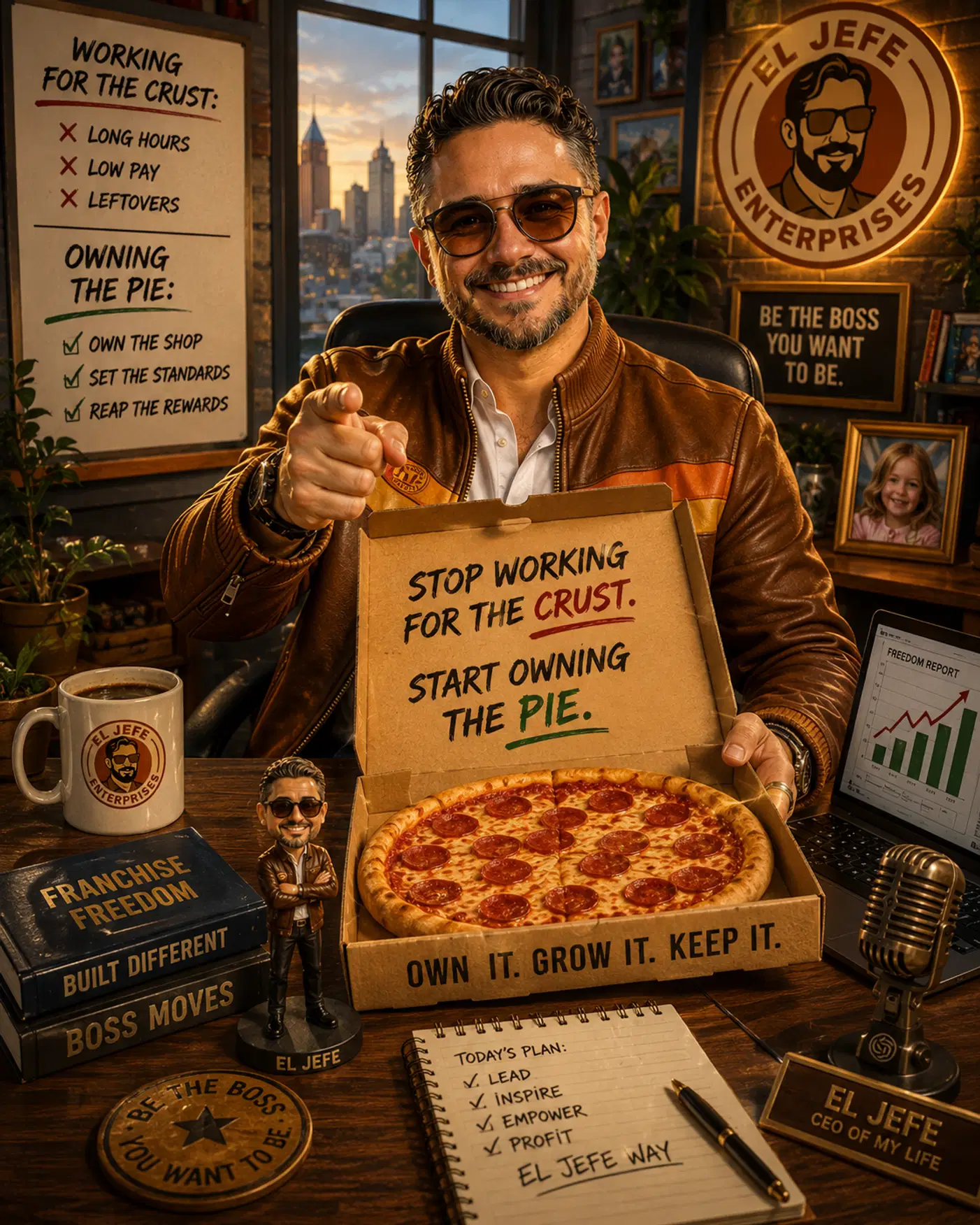 A confident man in a branded El Jefe office with a pizza box that says Start owning the pie