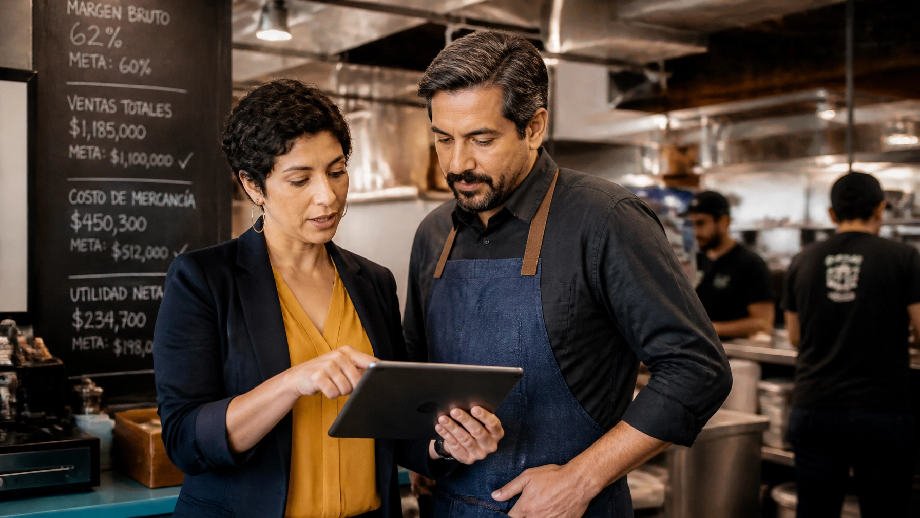 A modern editorial coaching moment with a diverse advisor and business owner reviewing performance and operations with clarity and confidence.