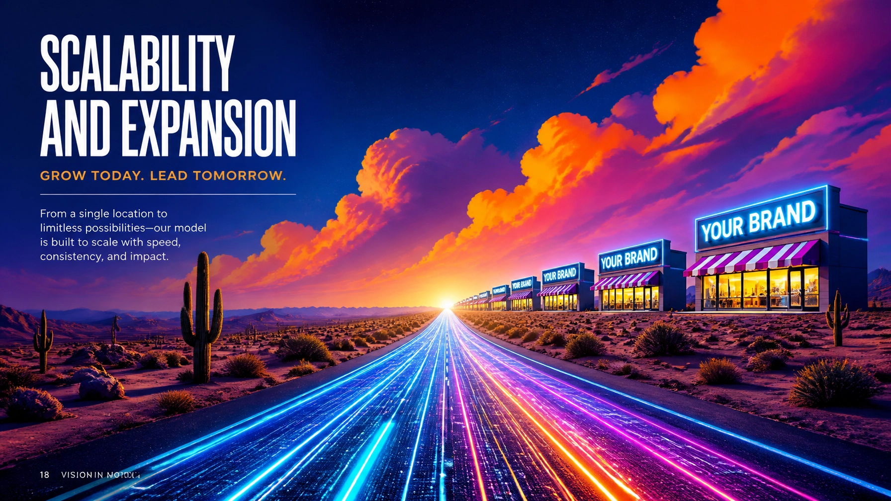 A desert road transforming into a neon-lit highway leading toward glowing storefronts.