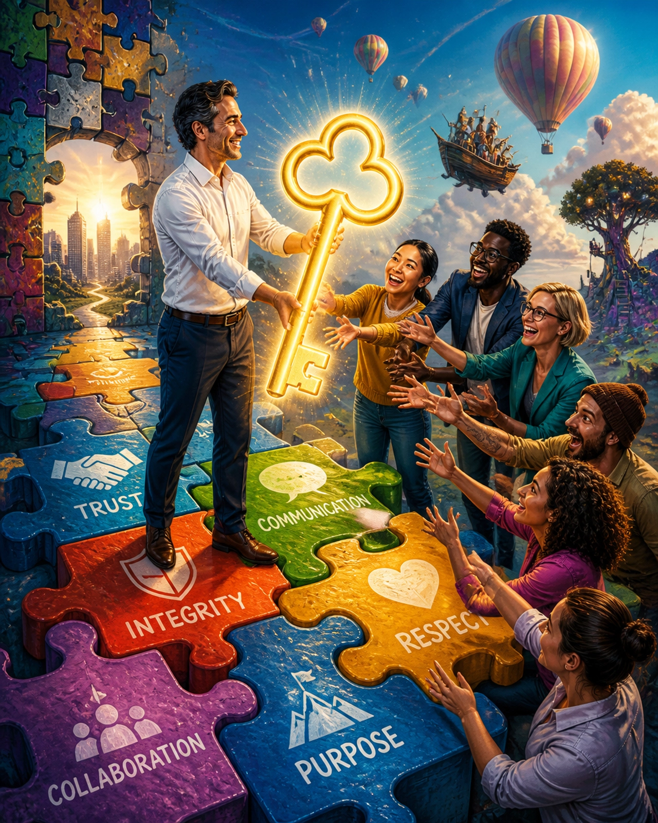 A surrealist editorial illustration of a business owner handing a massive glowing golden key to an energetic team, symbolizing trust, delegation, and leadership within a structured business foundation.