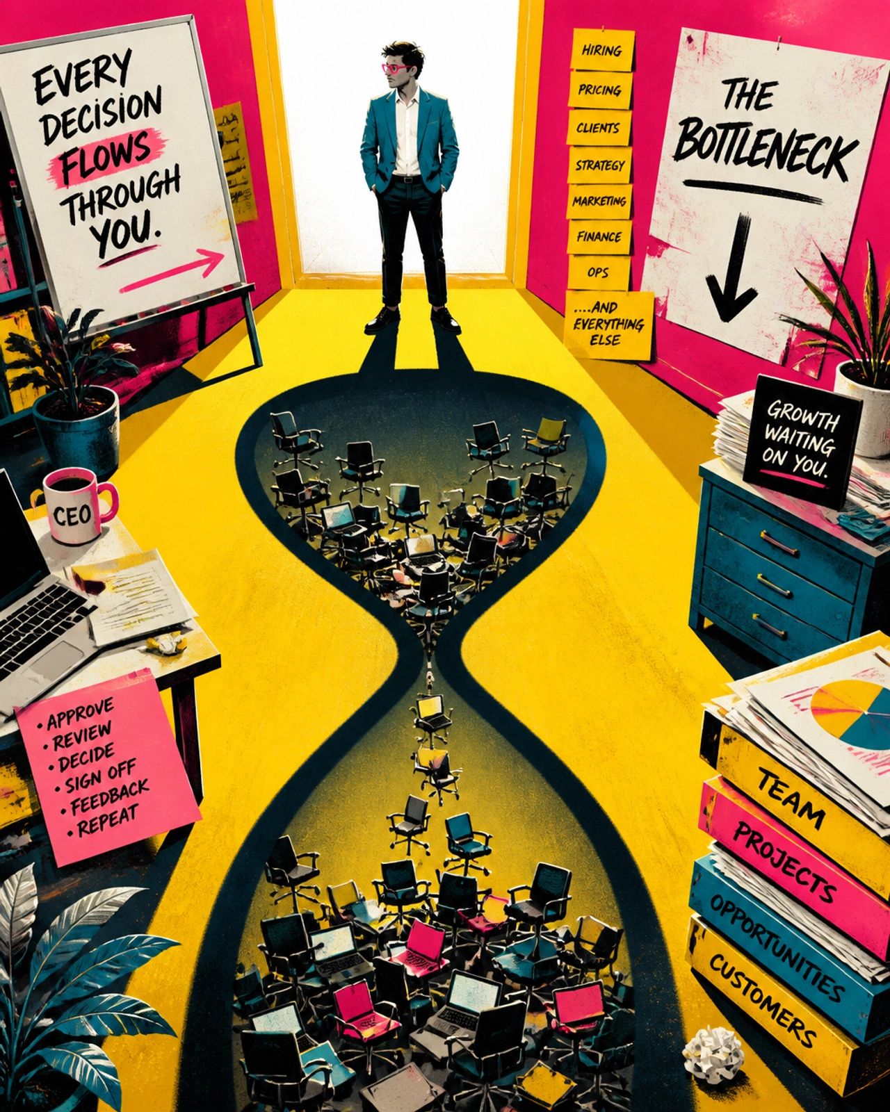 A surrealist illustration of a person whose shadow is an hourglass filled with office chairs, representing the leadership bottleneck.