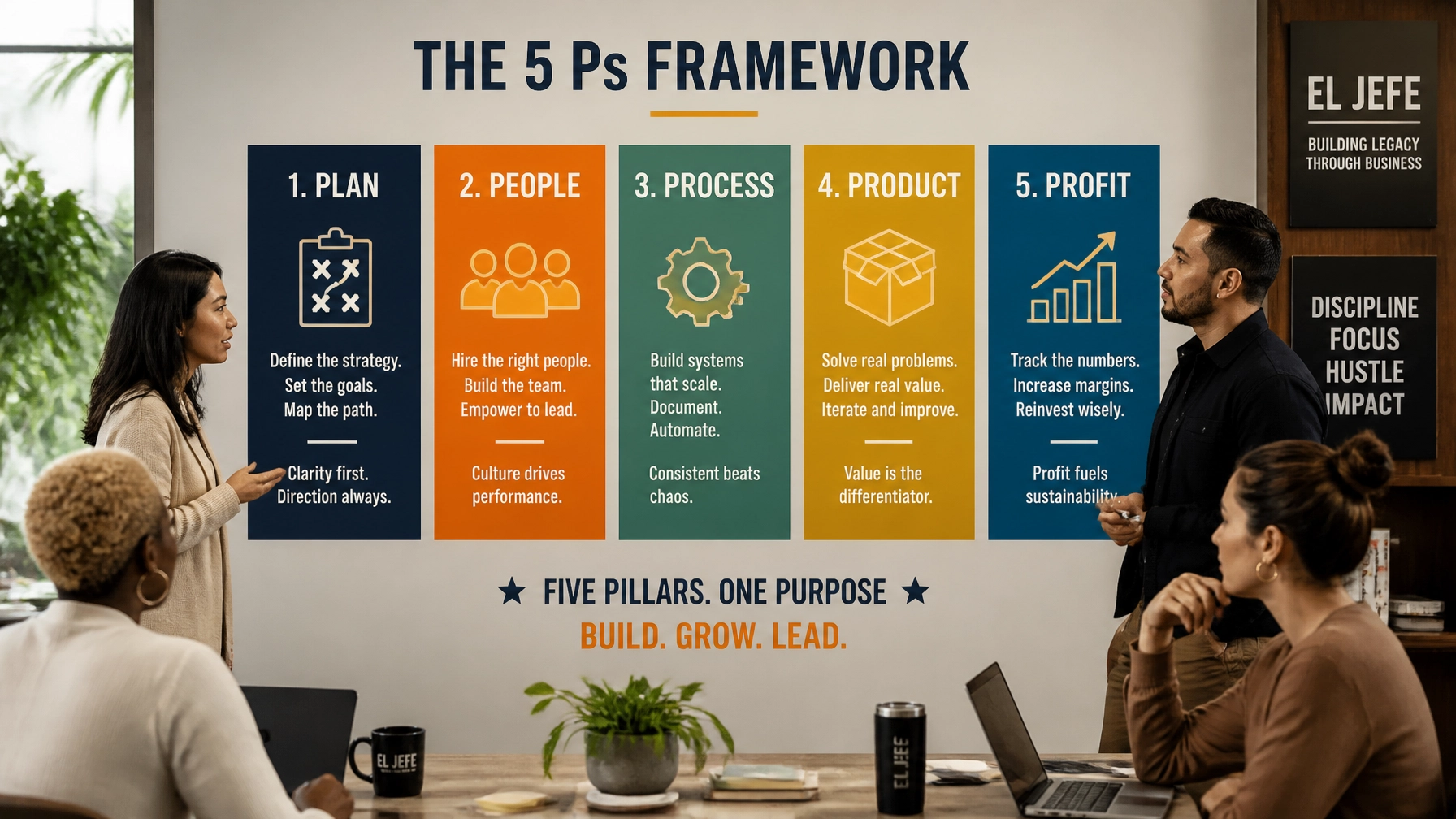 A modern, polished editorial visual showing the five pillars of operational clarity through structured color blocks and practical business cues.
