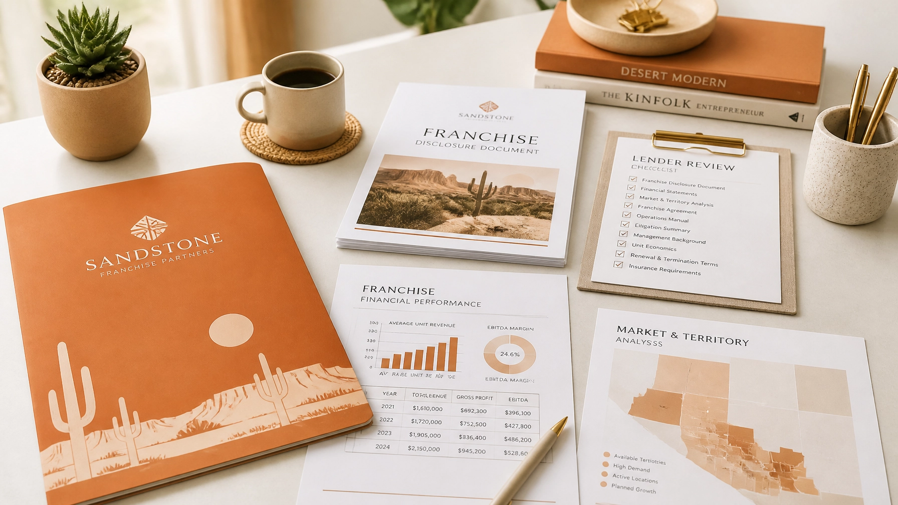 Bright editorial franchise evaluation documents and lending materials arranged in natural light with burnt orange and sand accents, representing brand reputation and franchise due diligence.