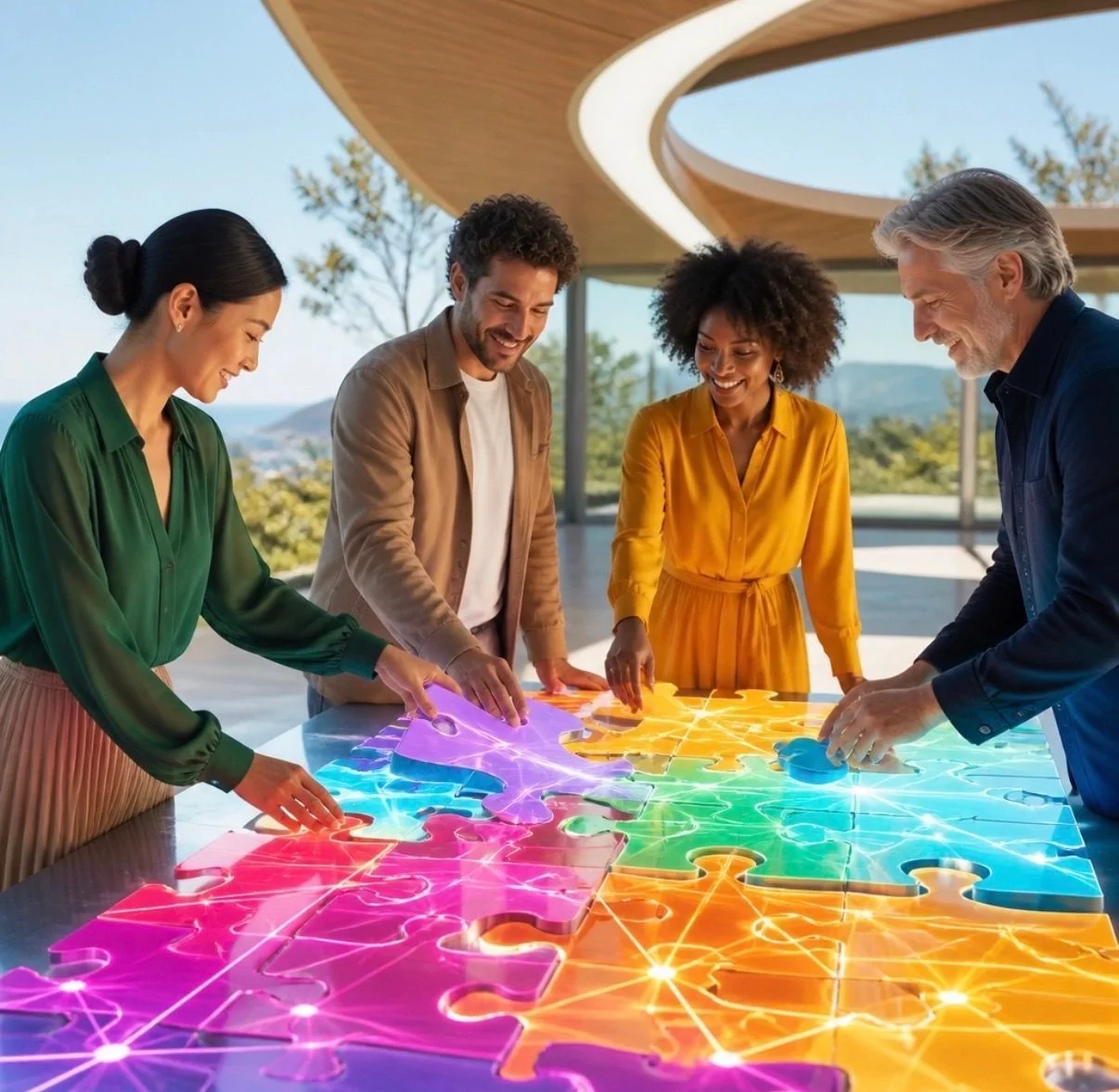 A group of diverse professionals working together to assemble a luminous puzzle, representing the alignment of goals and systems.