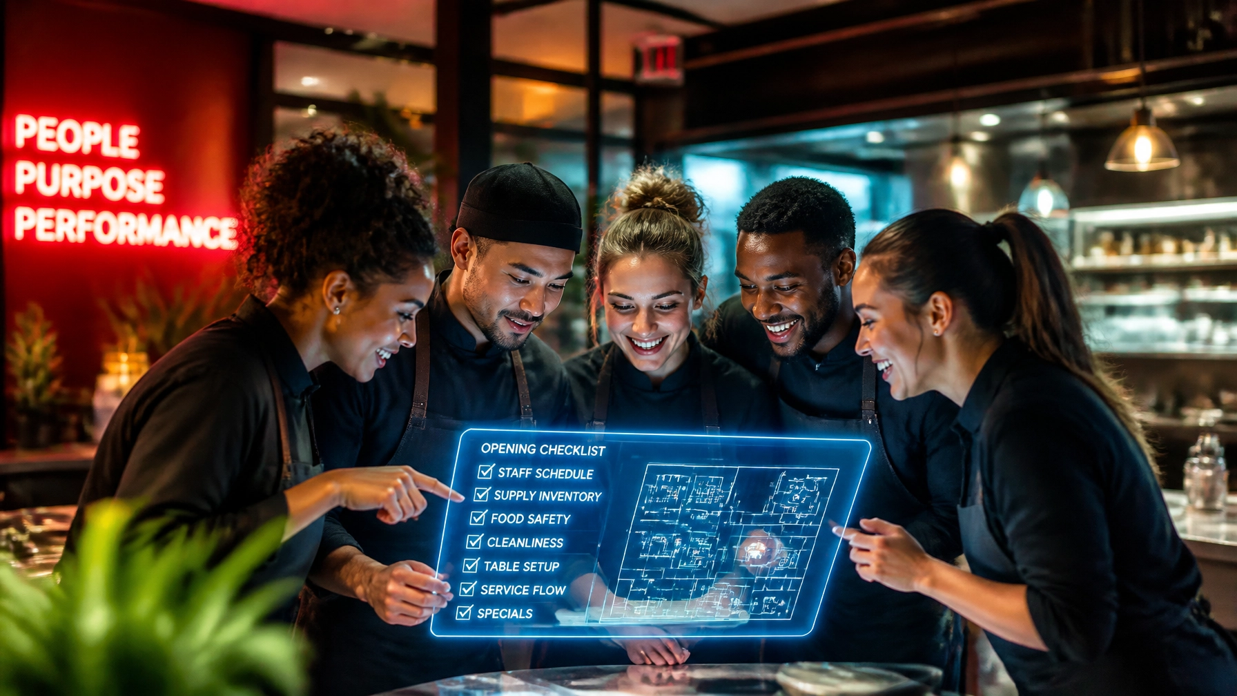 An energetic, editorial-style photo of a diverse team in a modern setting huddled around a glowing, holographic blueprint.