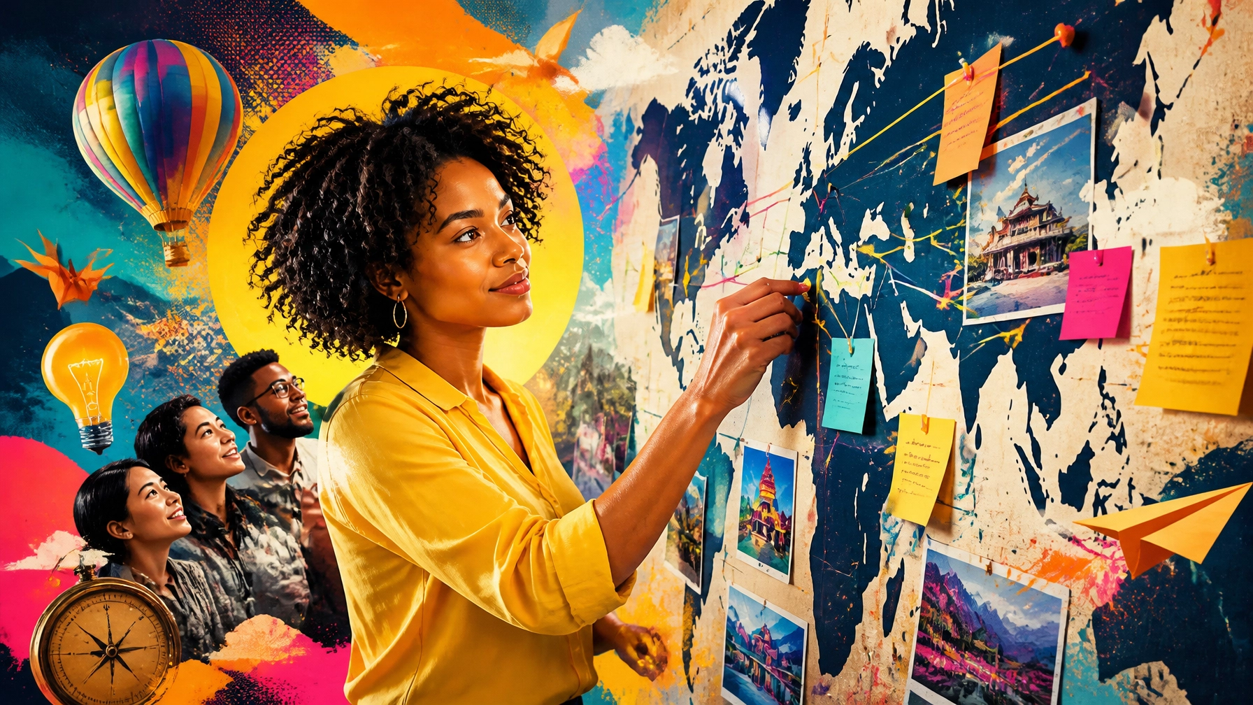 A diverse professional reviewing a vivid visual roadmap in a playful, high-contrast editorial scene that conveys clarity and confidence.