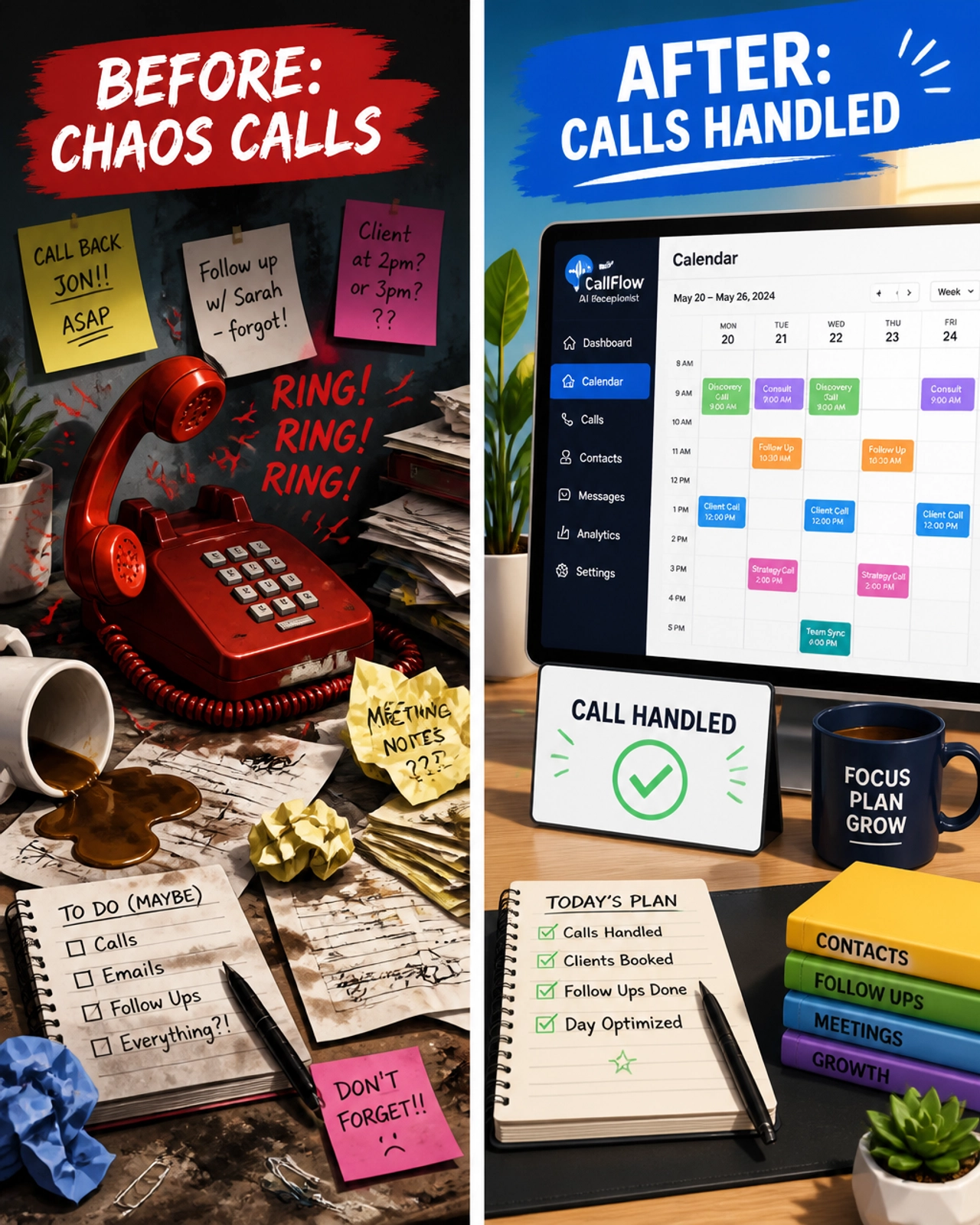 A split-screen illustration showing a chaotic, ringing desk on the left and a calm, organized digital calendar on the right