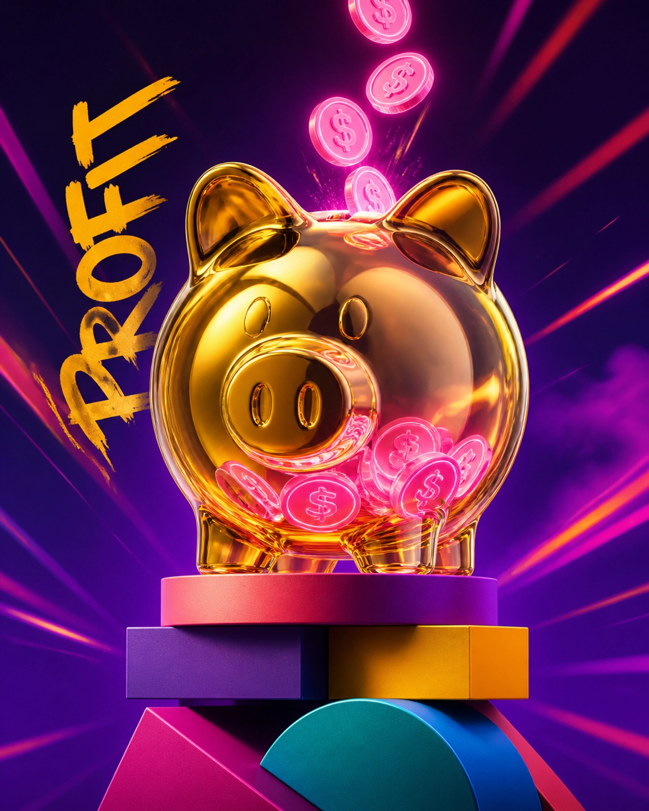 A sleek, 3D golden piggy bank filled with glowing neon-pink coins on a vibrant geometric pedestal.