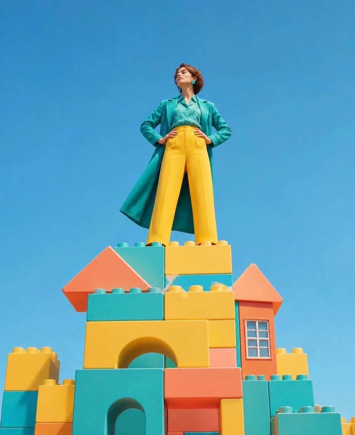 A woman standing atop a structure made of oversized building blocks, representing the need for a solid foundation before growth