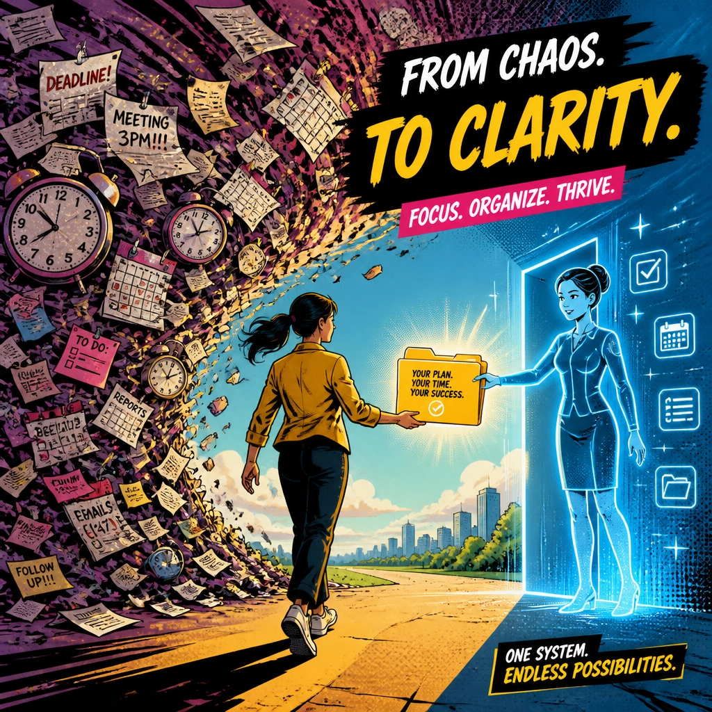 A vibrant magazine-style art piece showing a person walking away from chaos toward a perfectly structured folder held by a digital assistant.