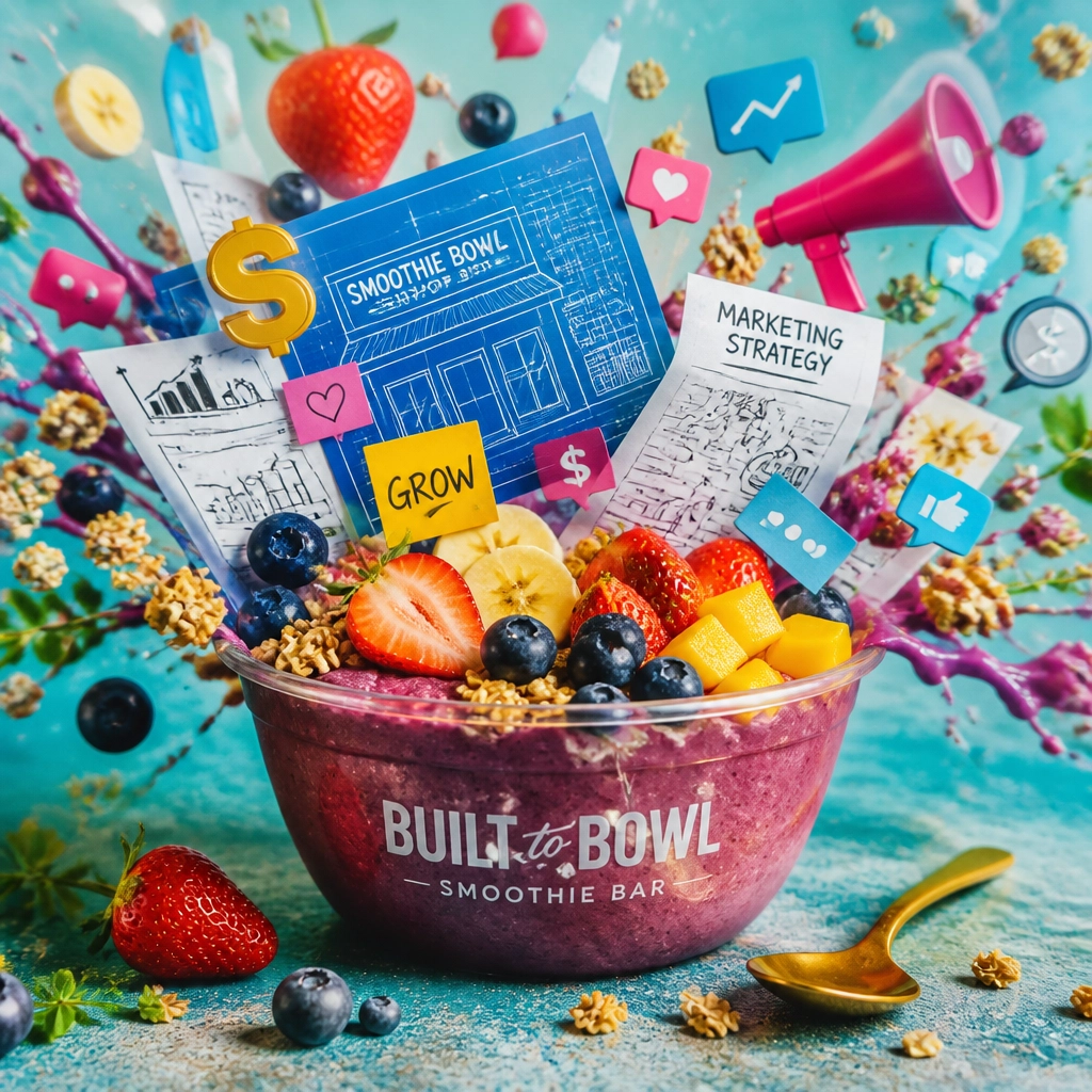 A bright acai bowl with marketing icons like megaphones and blueprints exploding out of it like fresh fruit.