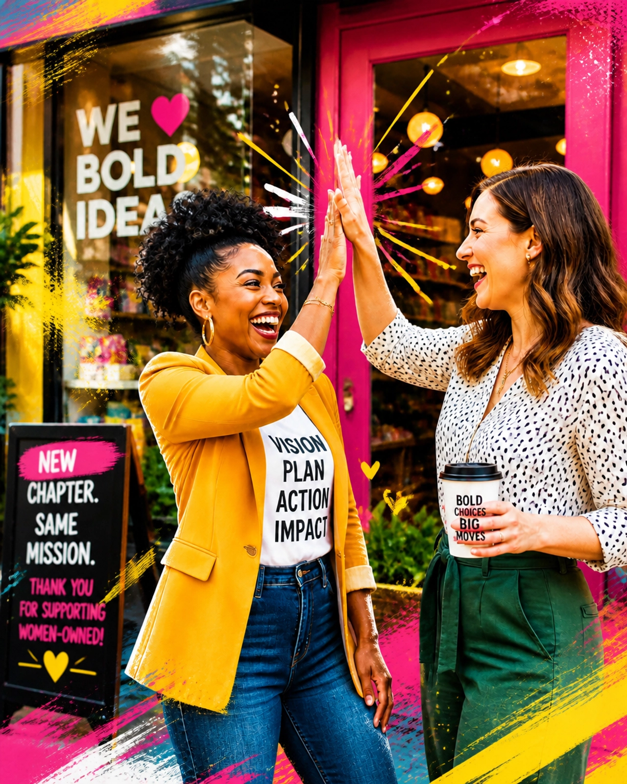 Two women, one Black and one White, celebrate a confident business decision outside a vibrant storefront, smiling and high-fiving with visible relief and momentum. The image is bold, colorful, playful, and polished like high-end energetic magazine art.