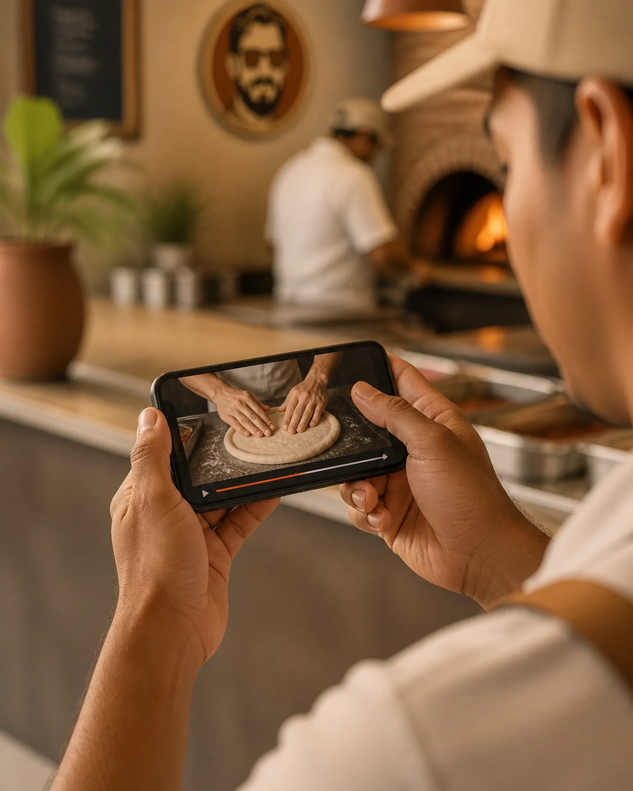 A worker using a smartphone for a quick, just-in-time micro-learning moment in a warm, professional service environment.