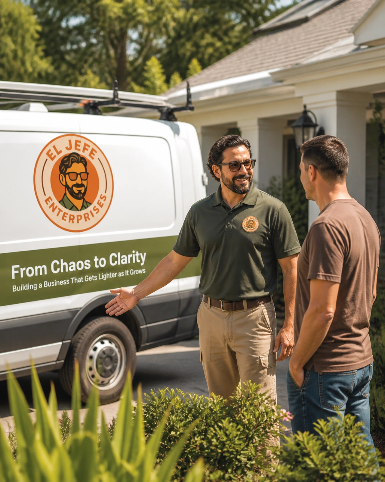 A professional service technician in a clean uniform talking to a homeowner in a residential neighborhood.